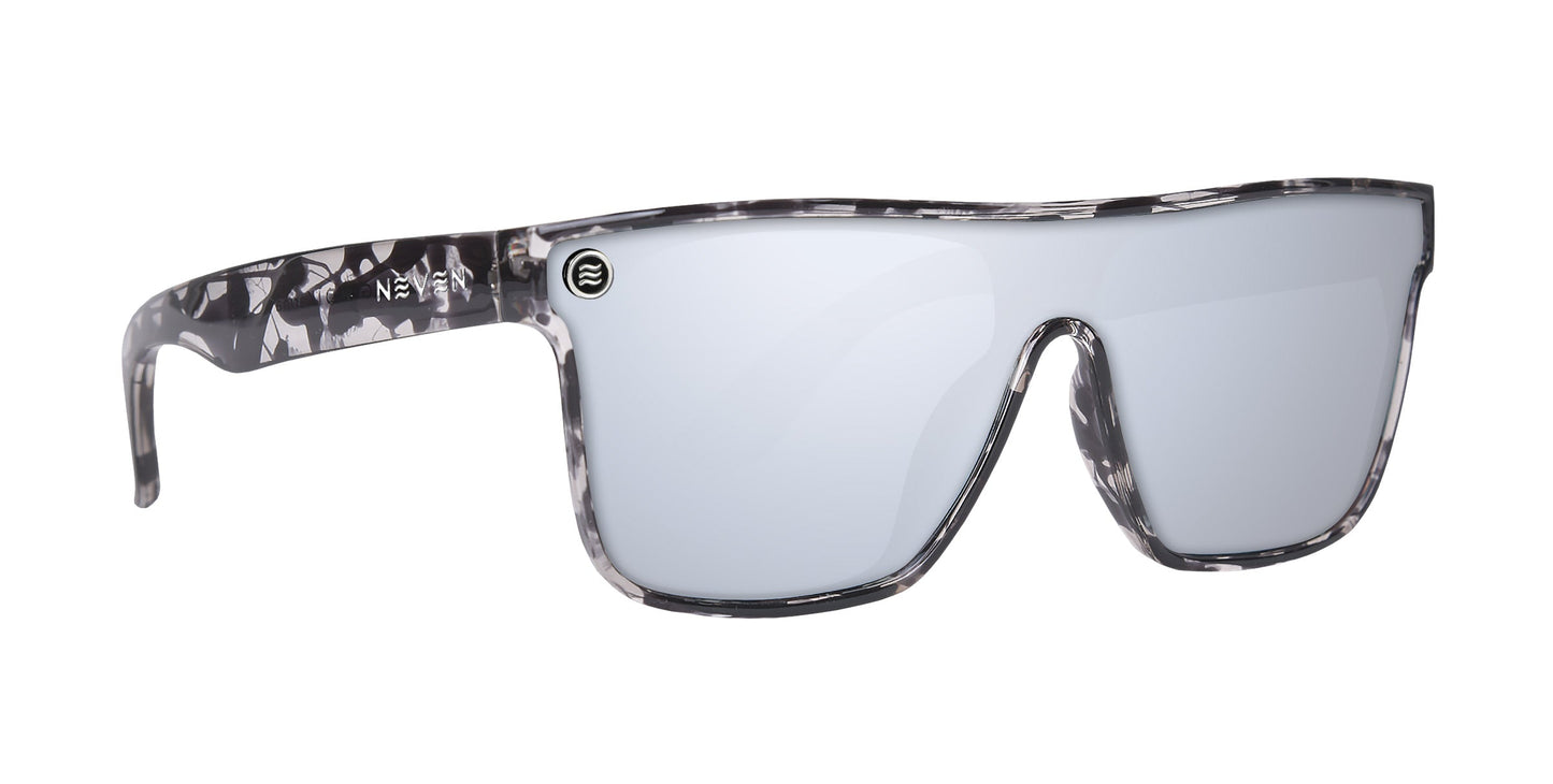 The Karma sunglasses by Neven Eyewear feature gray and black marbled frames, a shield-style mirrored polarized lens, thick frame with wide arms. The left arm has a white Neven logo and text; the front left corner shows a round logo. White background.