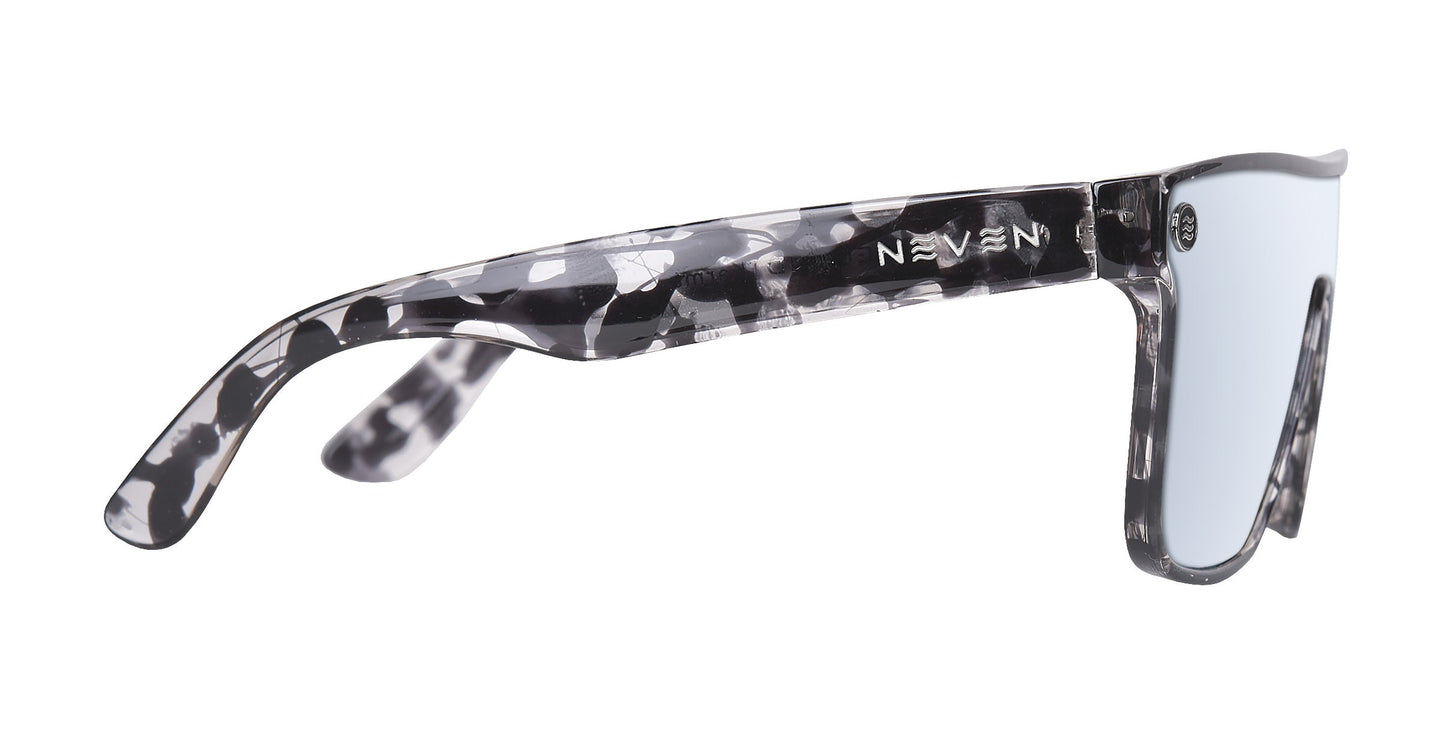 Side view of the Karma sunglasses by Neven Eyewear, featuring marbled black, white, and gray frames with UV400 mirrored lenses. NEVEN appears in silver on the temple arm. Modern, fashion-forward polarized design.