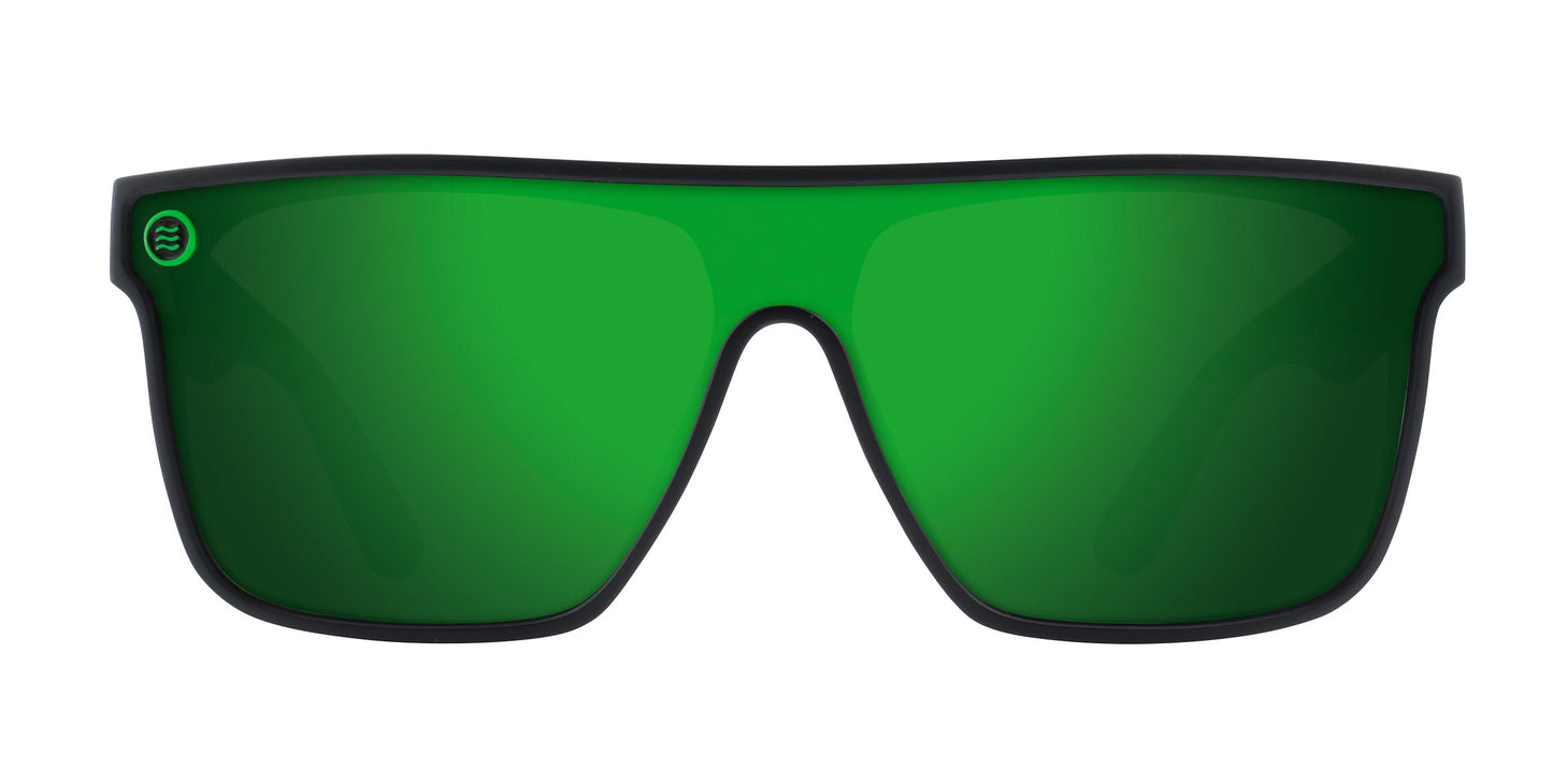Neven Eyewear’s Lucky sunglasses feature sleek green polarized wraparound lenses, UV400 protection, and a matte black straight-top frame with a small circular logo on the left lens—stylishly presented against a plain white background.