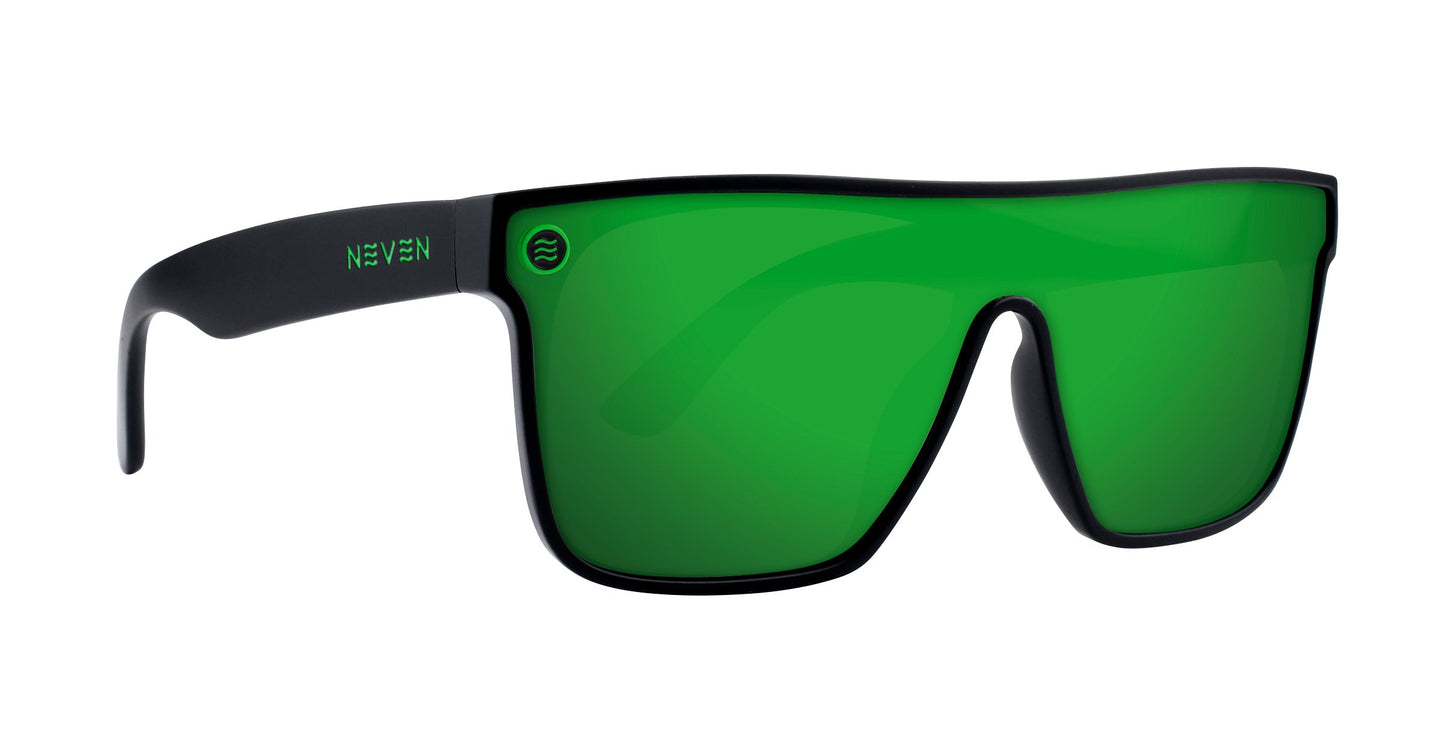 The Neven Eyewear Lucky sunglasses feature a matte black frame and a large, single green mirrored polarized lens. "NEVEN" is in white on the left arm, with a circular wave logo on the lens for sporty style and UV400 protection.