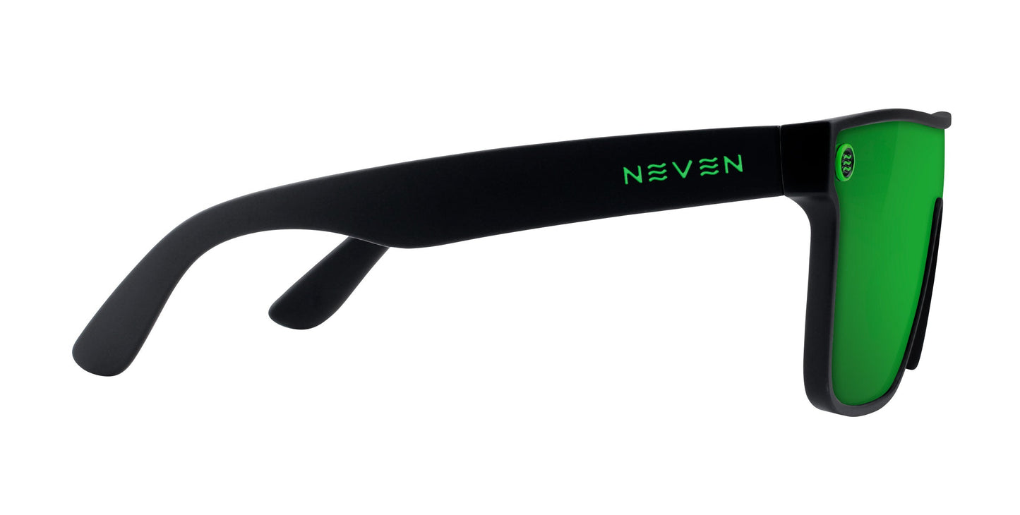 Side view of Lucky green polarized sunglasses by Neven Eyewear, featuring bright green mirrored lenses, matte black frame, and green NEVEN on the temple arm with a circular logo near the hinge. UV400 protection. Plain white background.