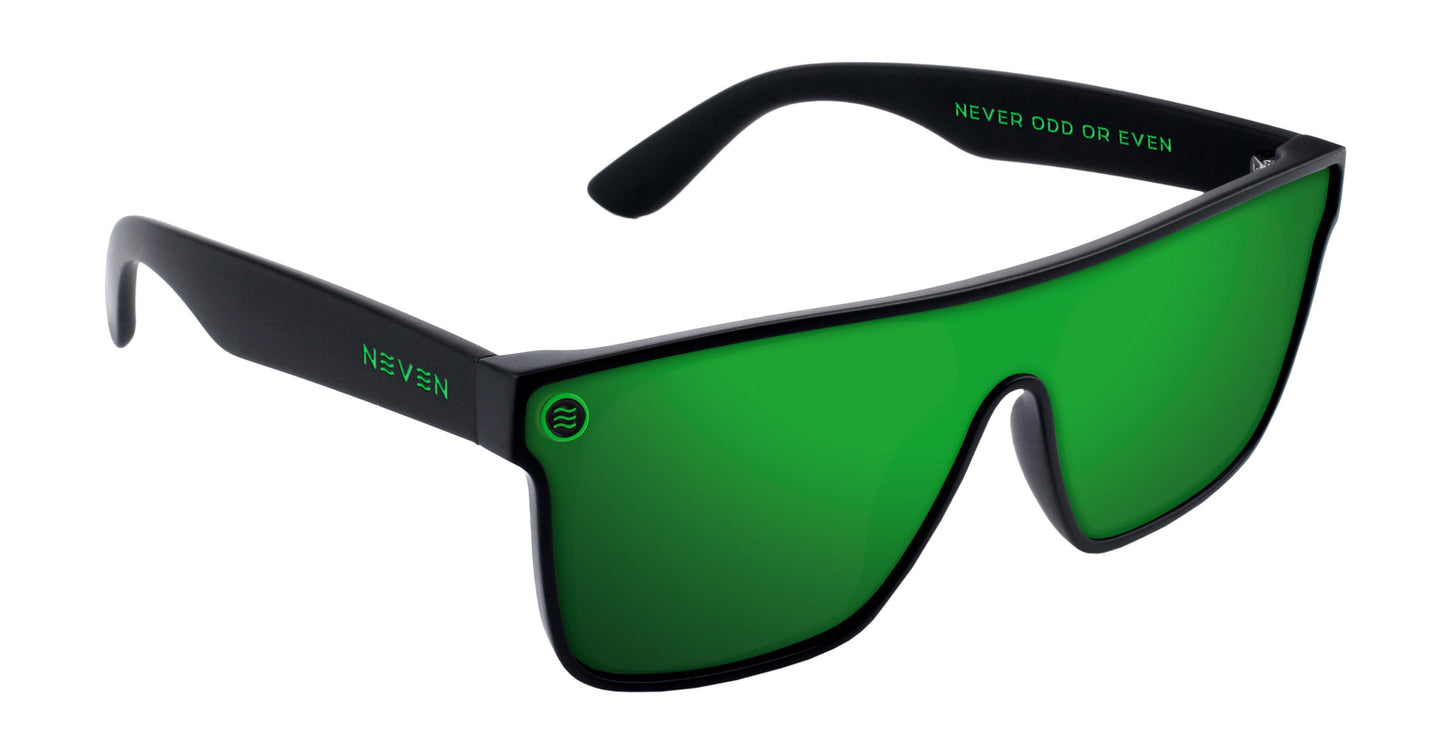 Lucky by Neven Eyewear: green polarized sunglasses with a matte black frame, wide single-piece green lenses, UV400 protection, NEVEN on the temple, NEVER ODD OR EVEN in green inside the arm, and a small circular logo on the left lens.