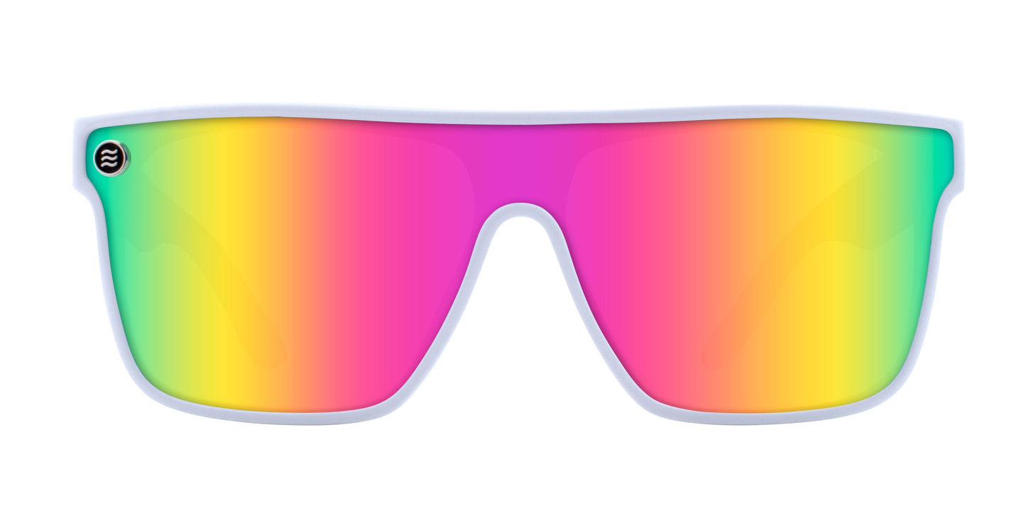 The Neven Eyewear Muse sunglasses feature polarized, large rectangular lenses with a vibrant pink-to-yellow-to-green gradient, sleek white frames, and a small circular wavy-line logo on the top left corner. The background is white.