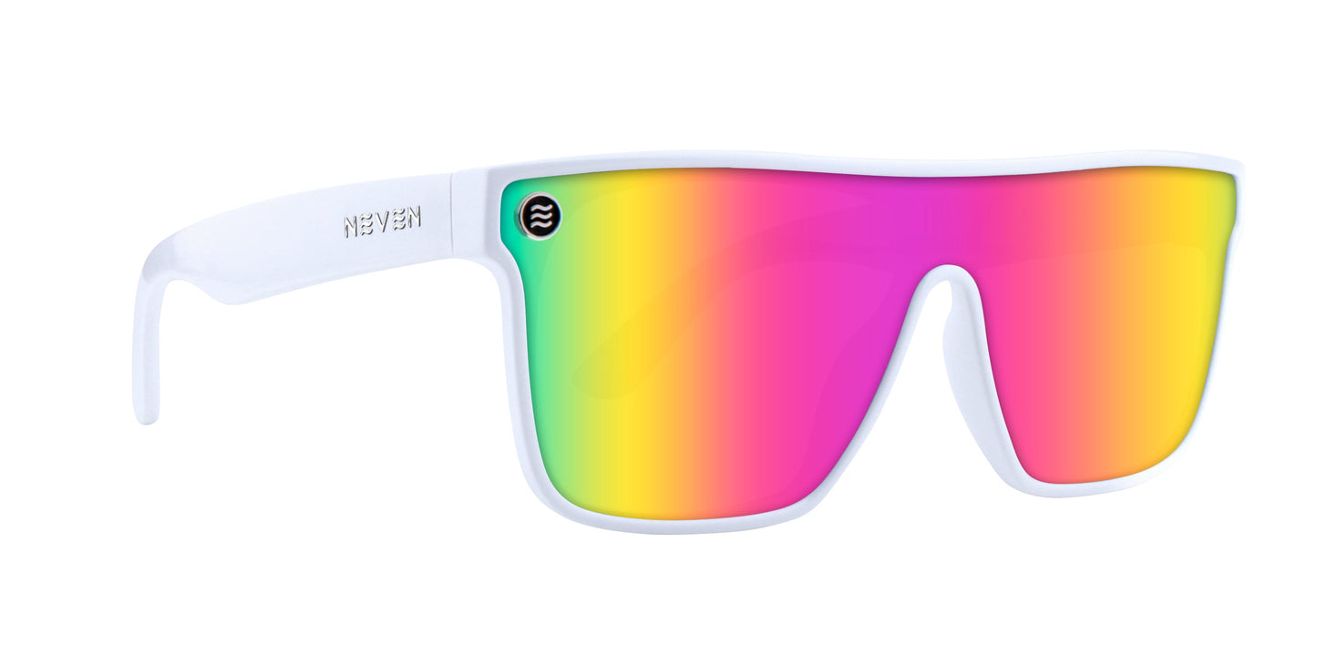 The Neven Eyewear Muse features a white matte frame with a single large gradient lens in pink, yellow, green, and orange. These sunglasses offer UV400 protection and have a small circular black logo on the left side.
