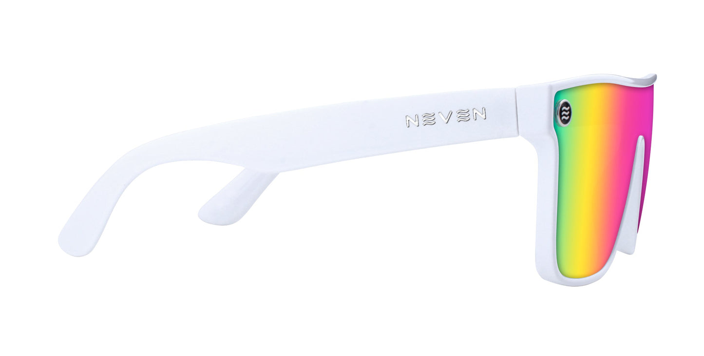 The Muse by Neven Eyewear features a modern, sporty look with white frames, thick arms embossed with the brand name, and a large flat lens in a vibrant rainbow gradient offering UV400 protection.