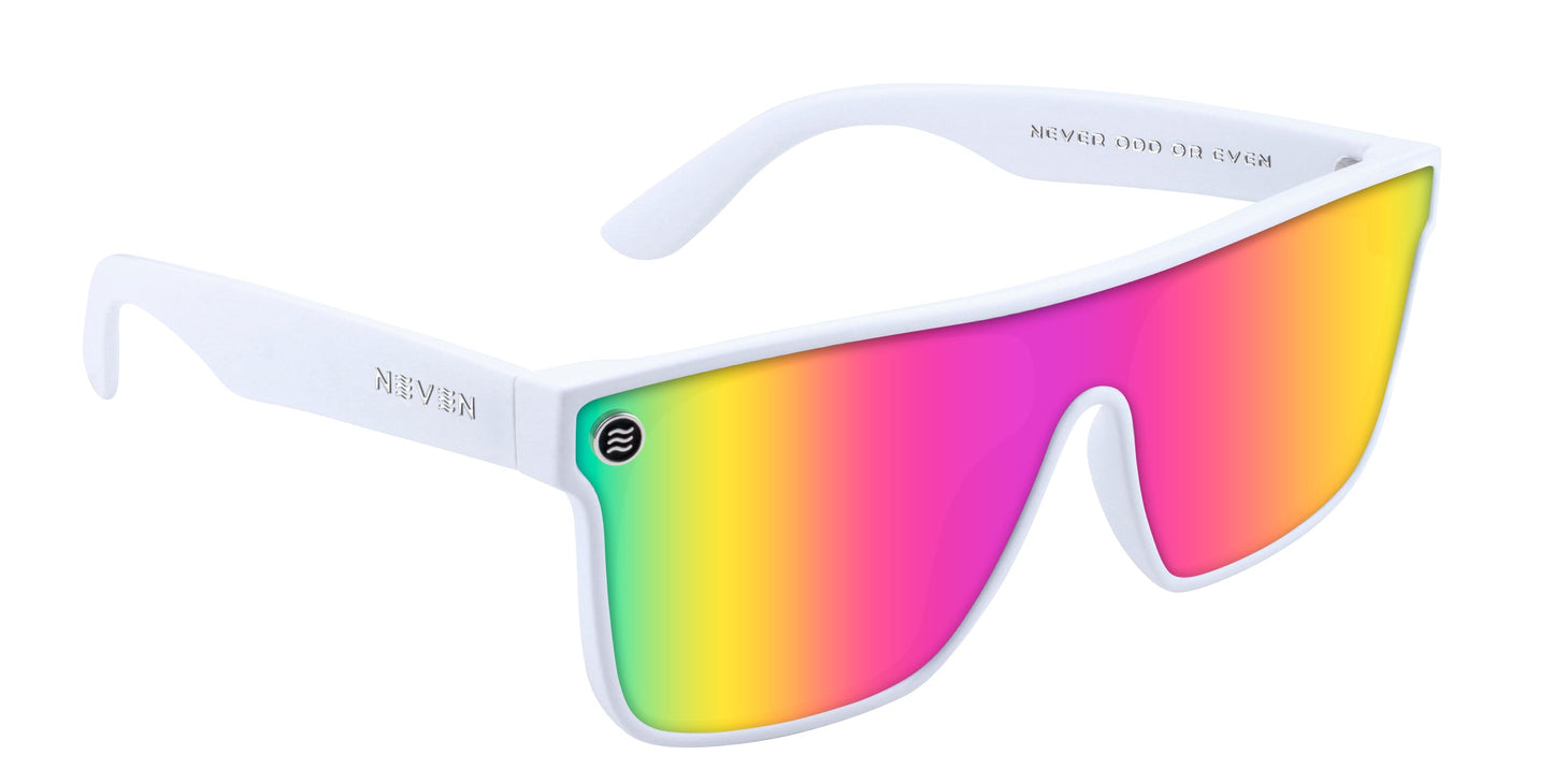 Introducing the Muse sunglasses by Neven Eyewear: oversized white frames with a single rainbow-gradient lens, UV400 protection, and “NEVER ODD OR EVEN” printed in gray on both sides of the sleek arms.