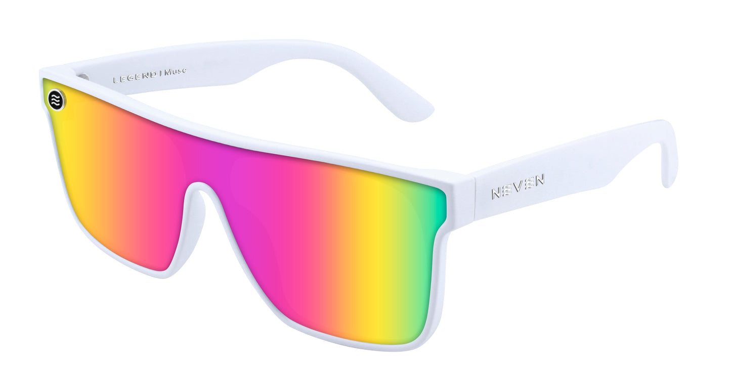 The Muse sunglasses by Neven Eyewear feature a white frame, single oversized lens with a vibrant rainbow gradient, mirrored finish, polarized UV400 protection, and embossed branding on the temple.