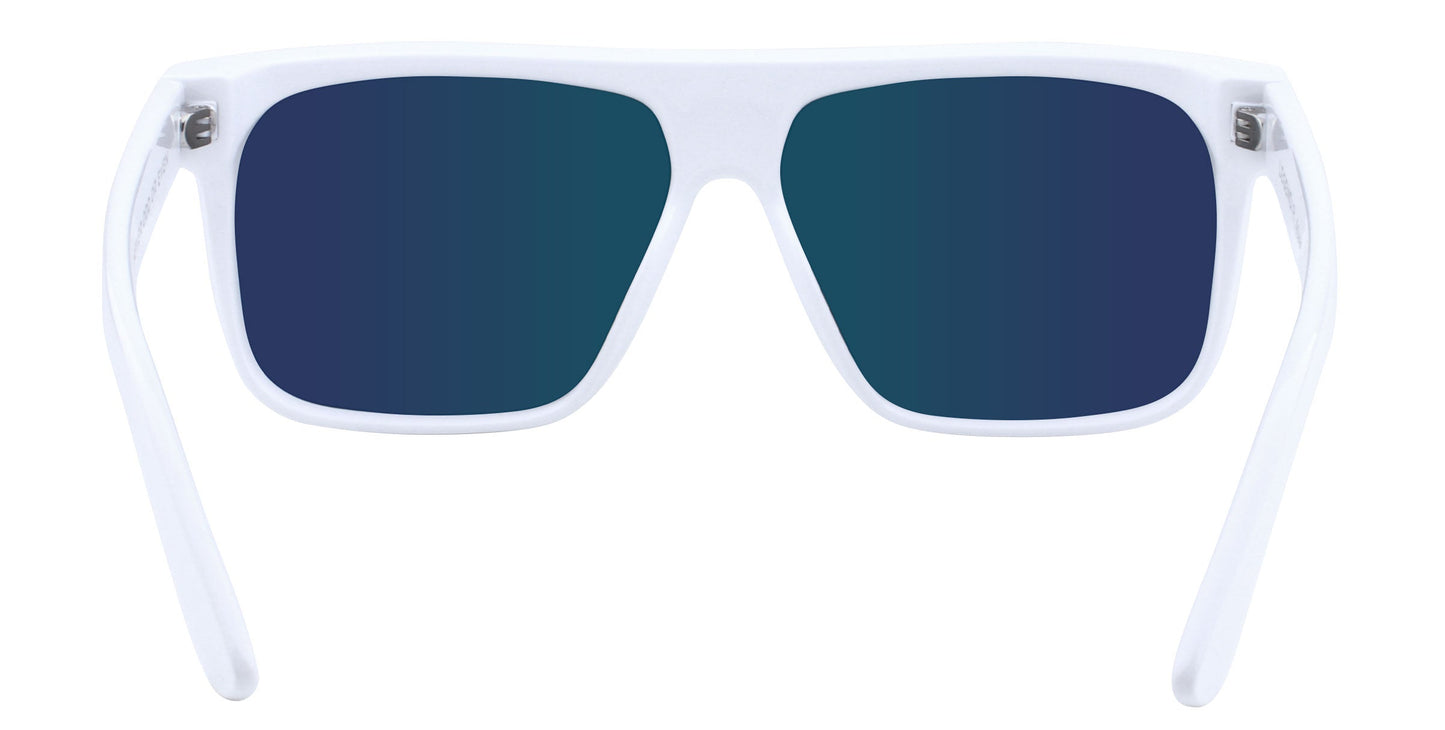 The Muse sunglasses by Neven Eyewear feature a thick white plastic frame and dark blue rectangular lenses with polarized UV400 protection, shown front-facing with open temples angled backward.