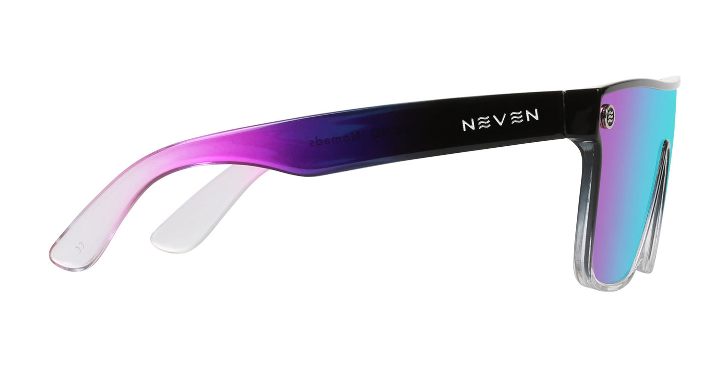 The Nomads sunglasses from Neven Eyewear are shown in profile with mirrored blue-tinted lenses, transparent frame edges, and black-to-purple gradient arms. Features UV400 protection with “NEVEN” printed in white on the arm.