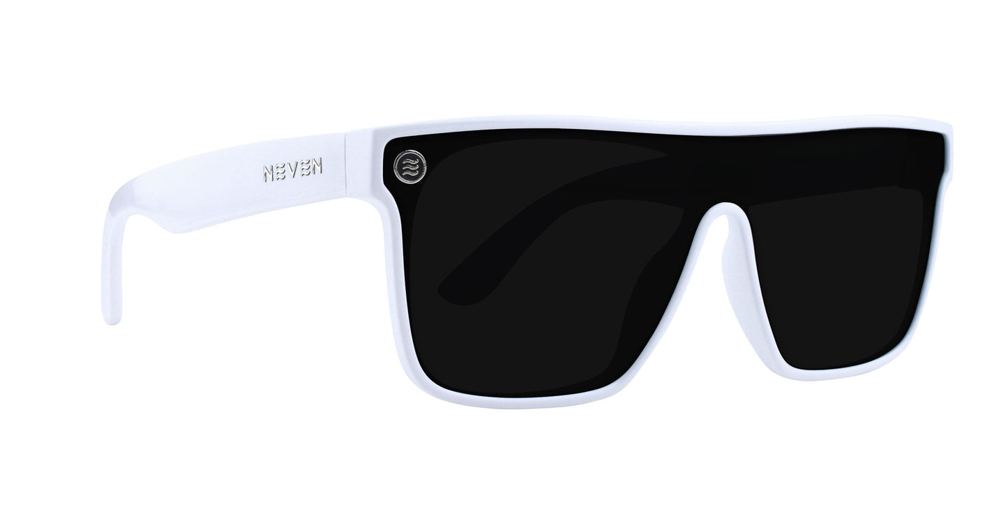 Permafrost by Neven Eyewear: bold, flat-top polarized sunglasses with a solid white frame and large black rectangular lenses. "NEWEN" is embossed on the left arm, and a small circular logo accents the upper corner of the left lens.