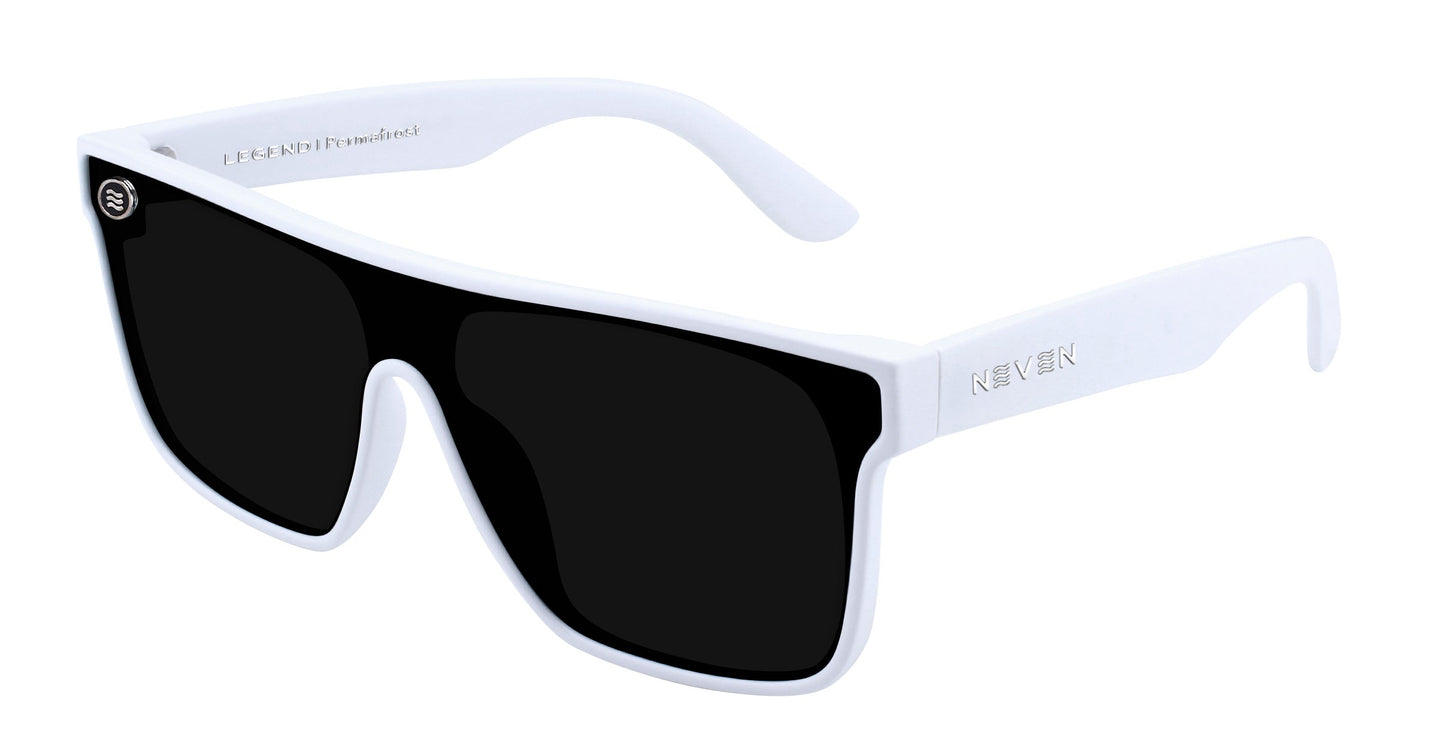 A pair of Permafrost sunglasses by Neven Eyewear in a minimalist style, featuring large rectangular black polarized UV400 lenses, thick white arms, and the brand name embossed on the side, shown on a plain white background.