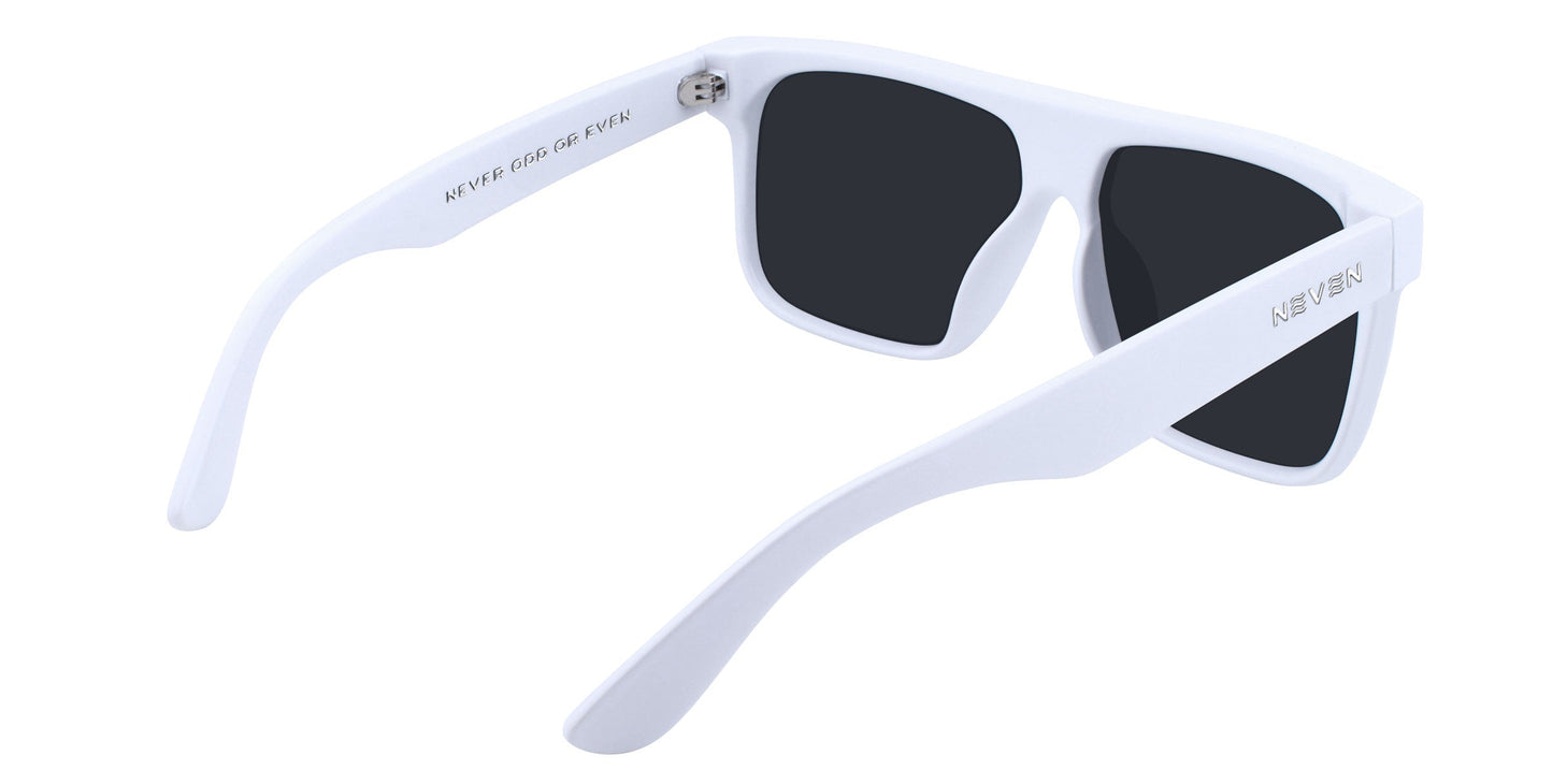 A pair of white-framed Permafrost sunglasses by Neven Eyewear with black lenses, displayed at an angle to show front and side. "Neven Eyewear" is on the left temple arm, with additional text inside the right temple arm.