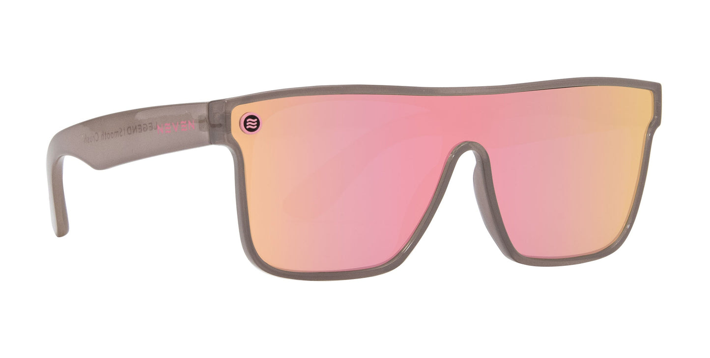 The Smooth Crush by Neven Eyewear features sleek, rectangular pink polarized sunglasses with a taupe plastic frame, wide arms, and a large UV400 single-piece lens with a reflective pink tint and a purple-and-white circular logo accent.