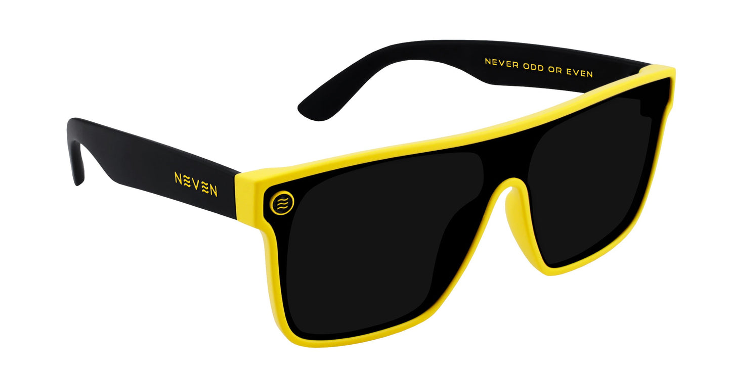 The Swarm by Neven Eyewear features large rectangular UV400 lenses, thick yellow frames, black arms with NEVEN in yellow and "NEVER ODD OR EVEN" inside, plus a small circular logo on one lens.
