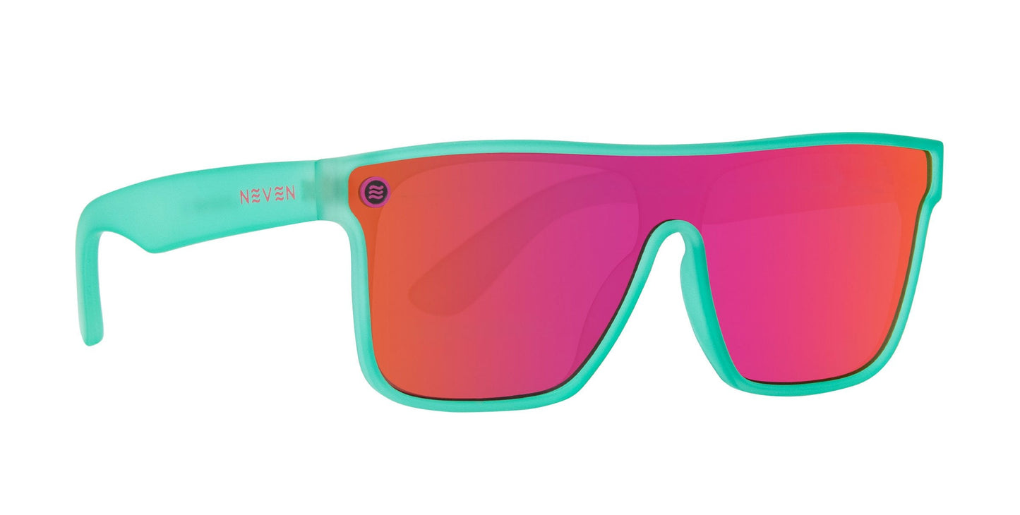 The Neven Eyewear X sunglasses from the Legend collection feature a matte turquoise rectangular frame, bright pink-orange polarized lenses with UV400 protection, and white NEVEN branding for bold, modern style.