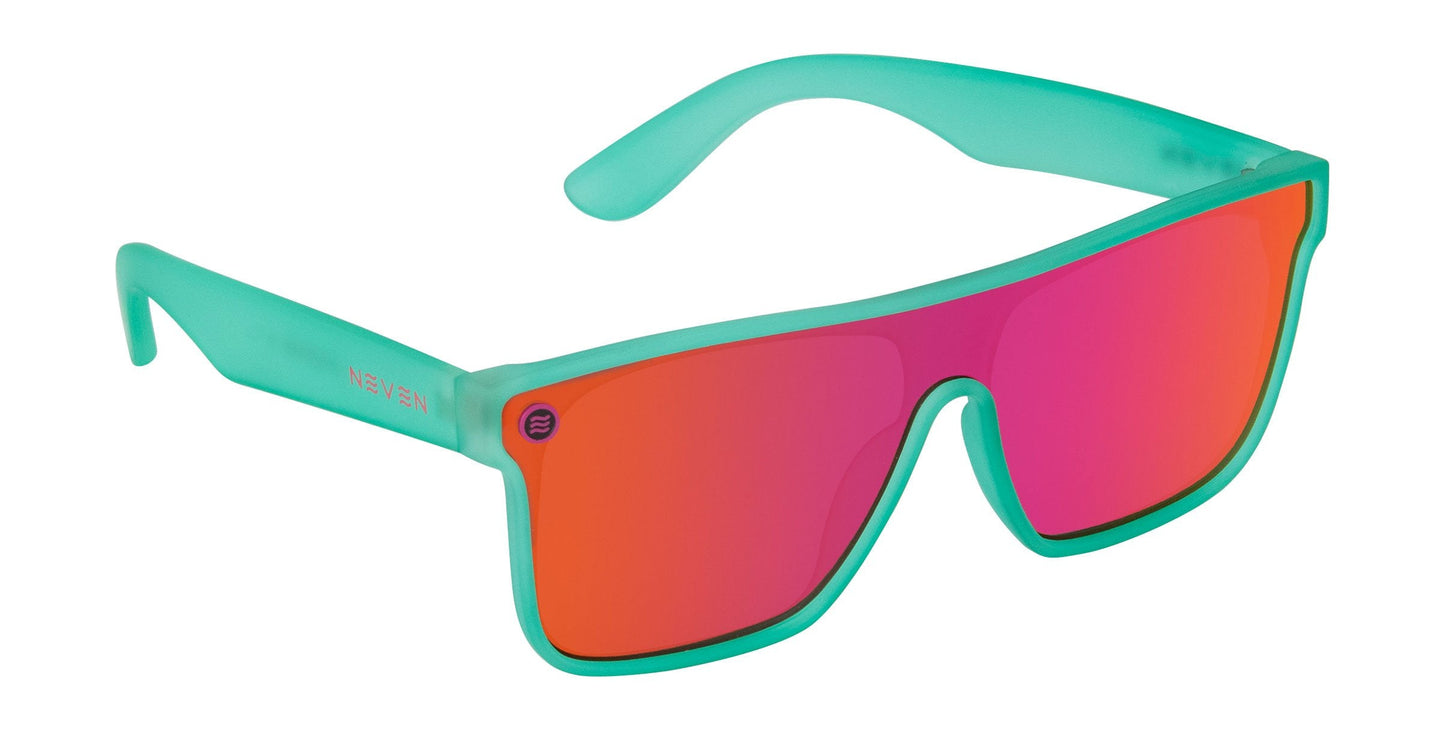 The Neven Eyewear X sunglasses feature turquoise frames, large rectangular pink-orange gradient mirrored lenses, and the NEVEN logo on a thick arm. Stay stylish and protected with curved shades offering UV400 protection.