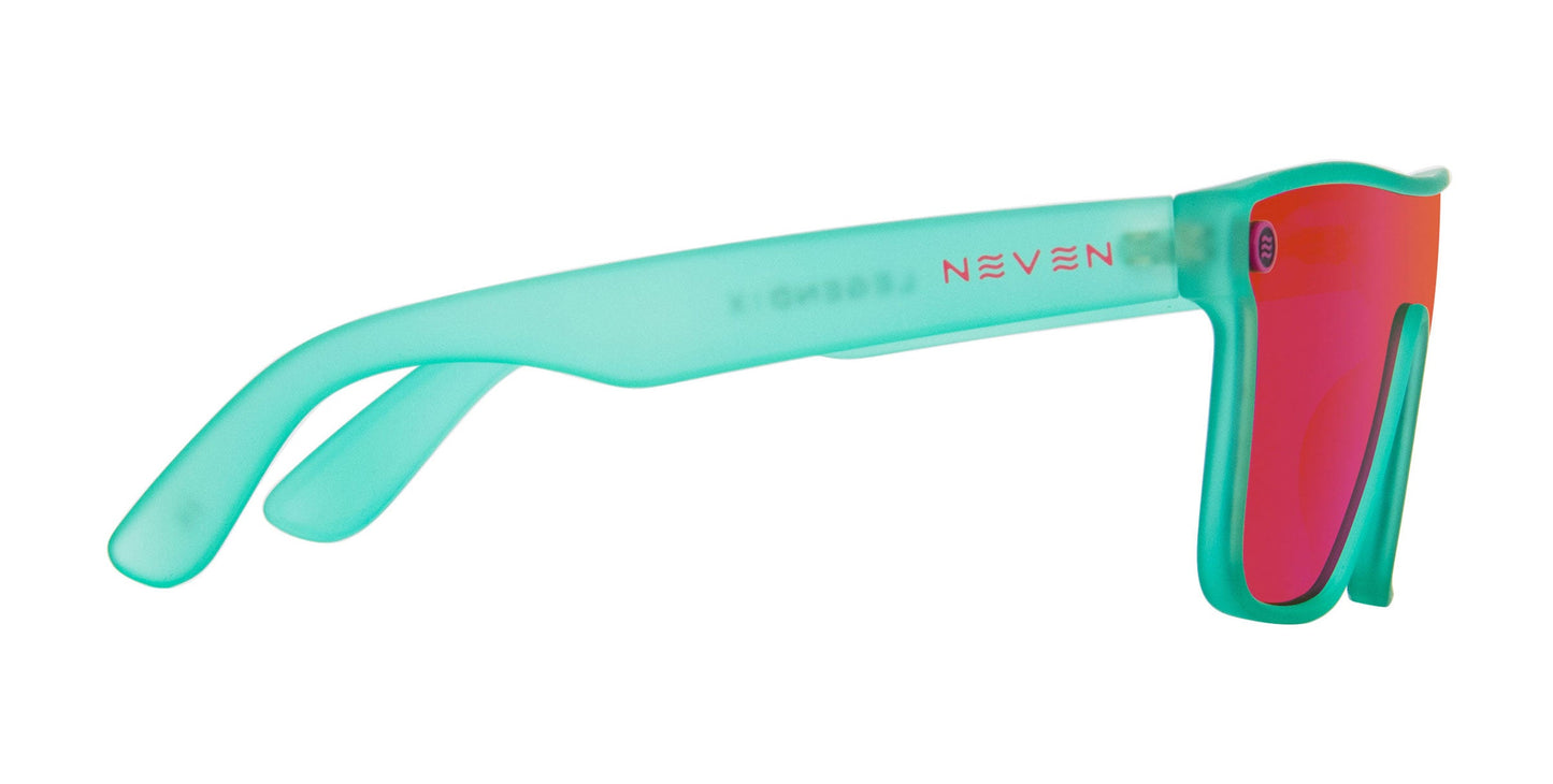 The X sunglasses by Neven Eyewear feature aqua-colored, thick translucent frames and arms. Their mirrored lenses reflect red and pink hues with UV400 protection, while "Neven" appears on the left arm in white and red lettering.