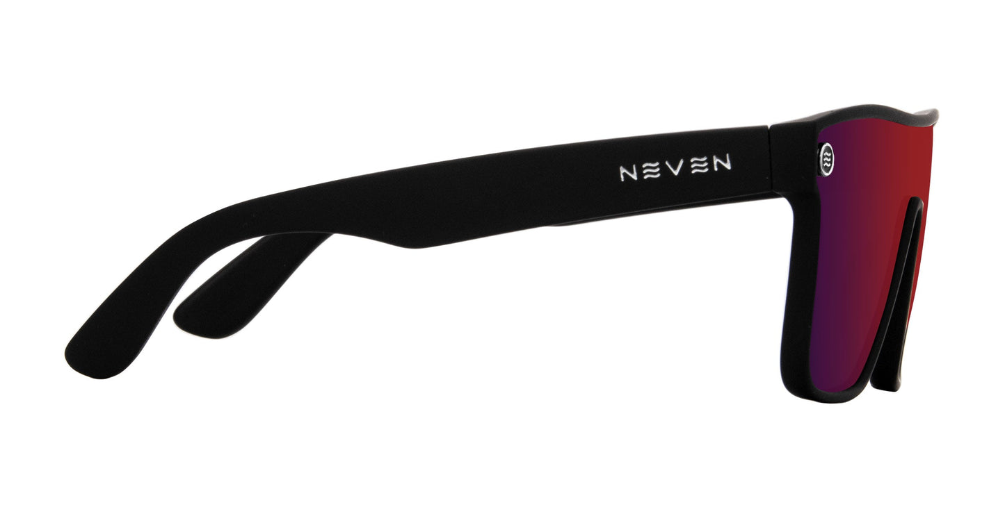 Side view of Zero Cool XL sunglasses by Neven Eyewear, featuring a black frame, white “Neven” on the temple, mirrored red-tint UV400 lenses, and a small circular logo near the hinge on the oversized frame.