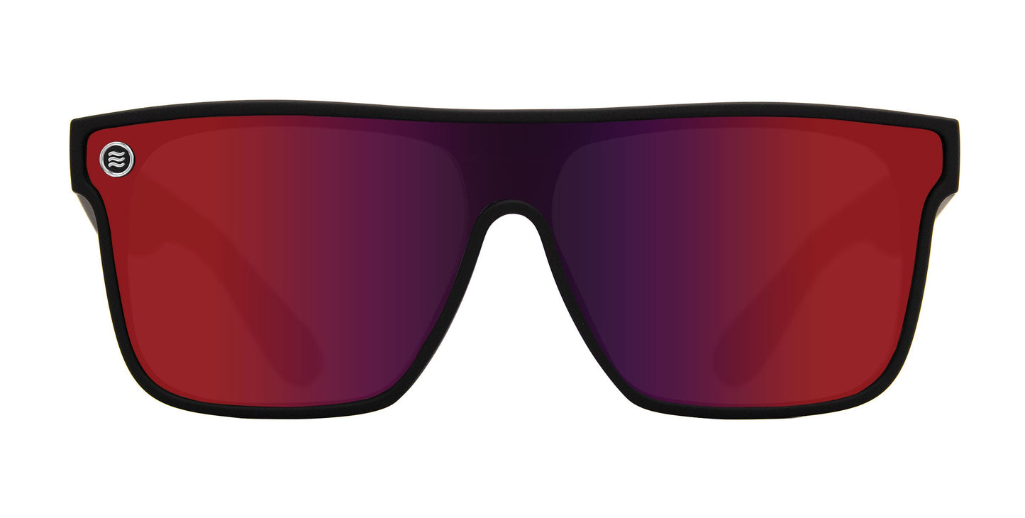 The Neven Eyewear Zero Cool sunglasses feature a rectangular cyberpunk design with thick black frames, deep red gradient polarized UV400 lenses, and a small circular white logo on the upper left lens. Set against a plain white background.