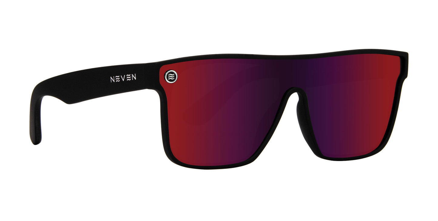 Zero Cool by Neven Eyewear: black-framed cyberpunk sunglasses with large, flat rectangular red mirrored lenses and polarized UV400 protection. "NEVEN" in white is on the left temple; a small circular logo accents the left lens.