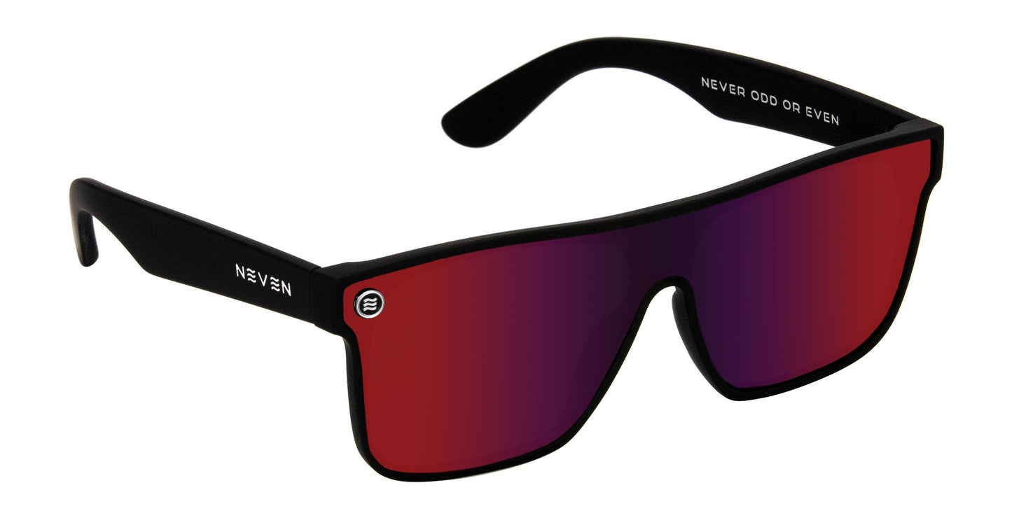 Zero Cool by Neven Eyewear: Sleek black cyberpunk sunglasses with a large, single-piece red mirrored lens. Part of the Legend collection, they feature polarized UV400 protection plus NEVEN and NEVER ODD OR EVEN accents and a circular front logo.