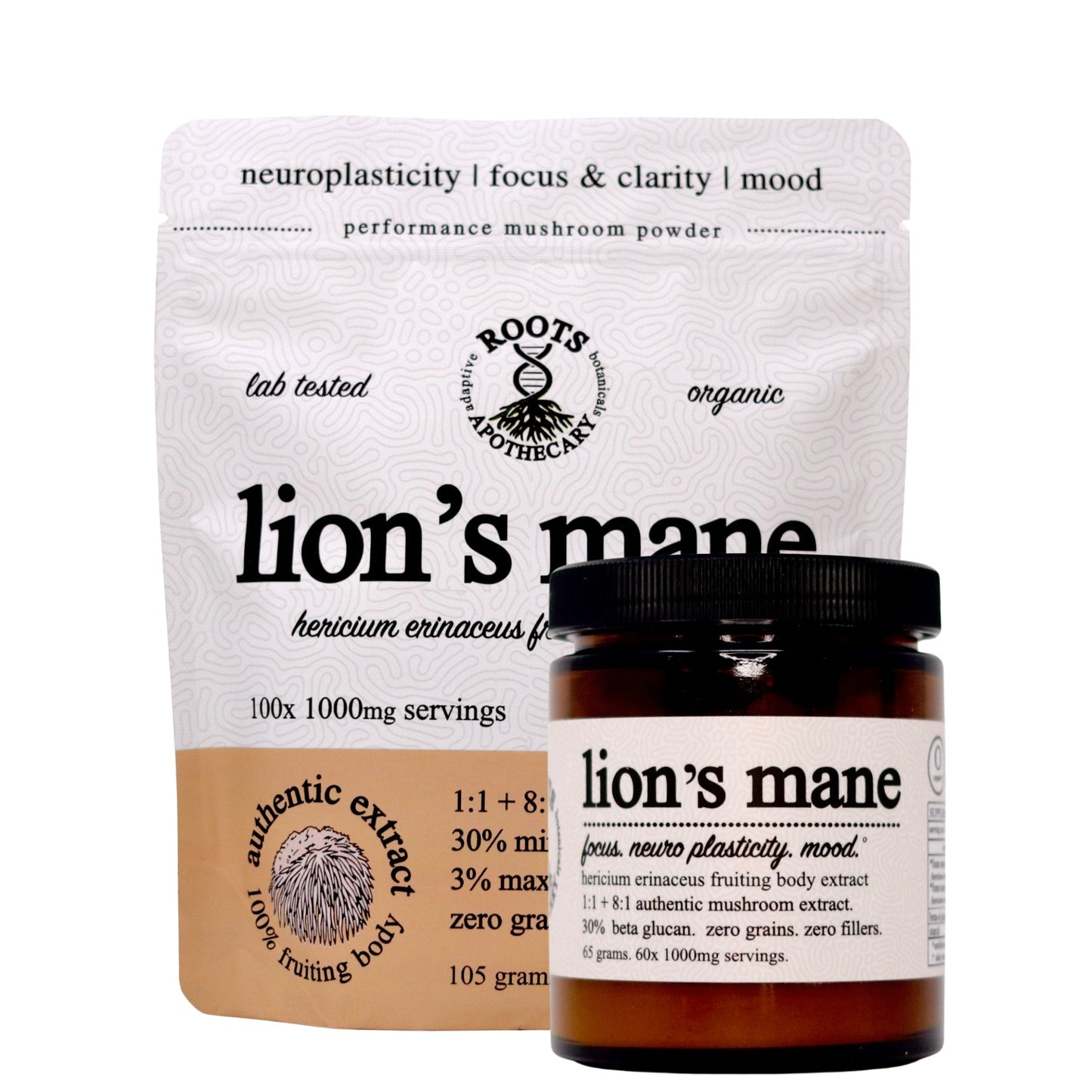 A pouch and jar of Roots Apothecary’s organic lion’s mane extract are shown, both labeled “lion's mane” and highlighting benefits such as focus, mood, and brain health.