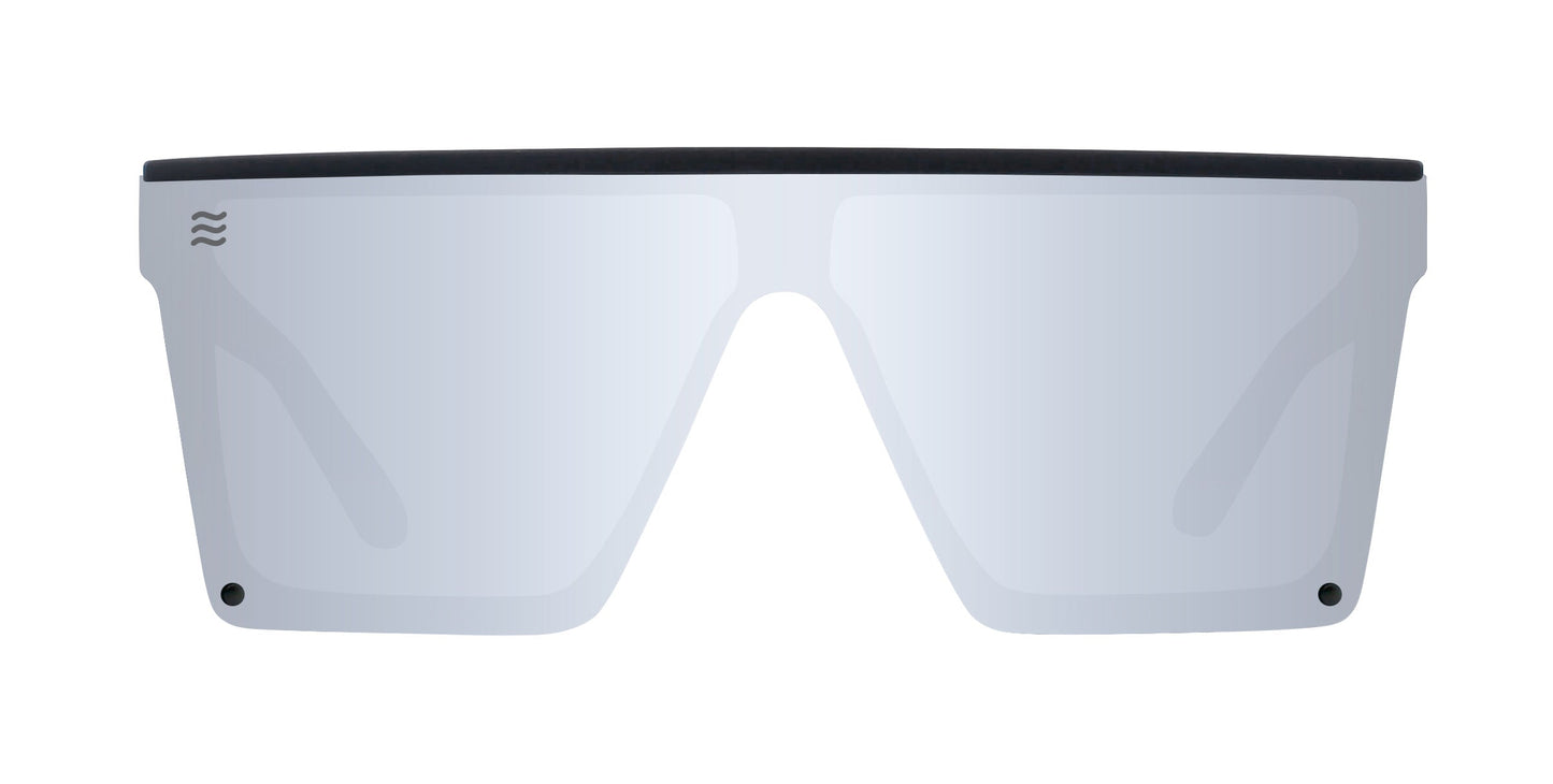 The Cr by Neven Eyewear are futuristic, oversized chromium sunglasses featuring a modern shield shape, flat black top bar, polarized UV400 light gray lenses with black corner dots, and a wavy logo on the upper left.