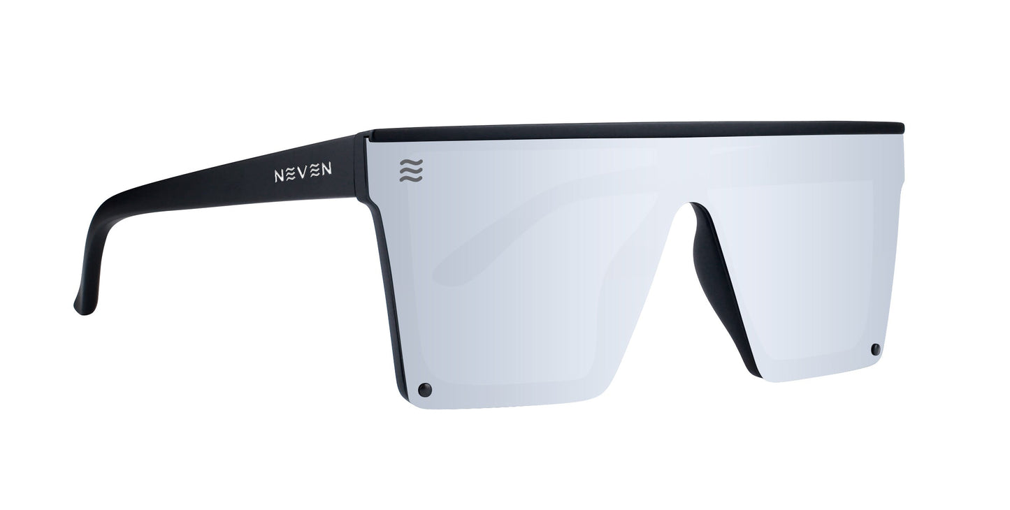 The Cr by Neven Eyewear features a futuristic black frame with a single wide, polarized UV400 mirrored lens. Its modern shield-shape and subtle etched details deliver standout style and protection in one sleek design.