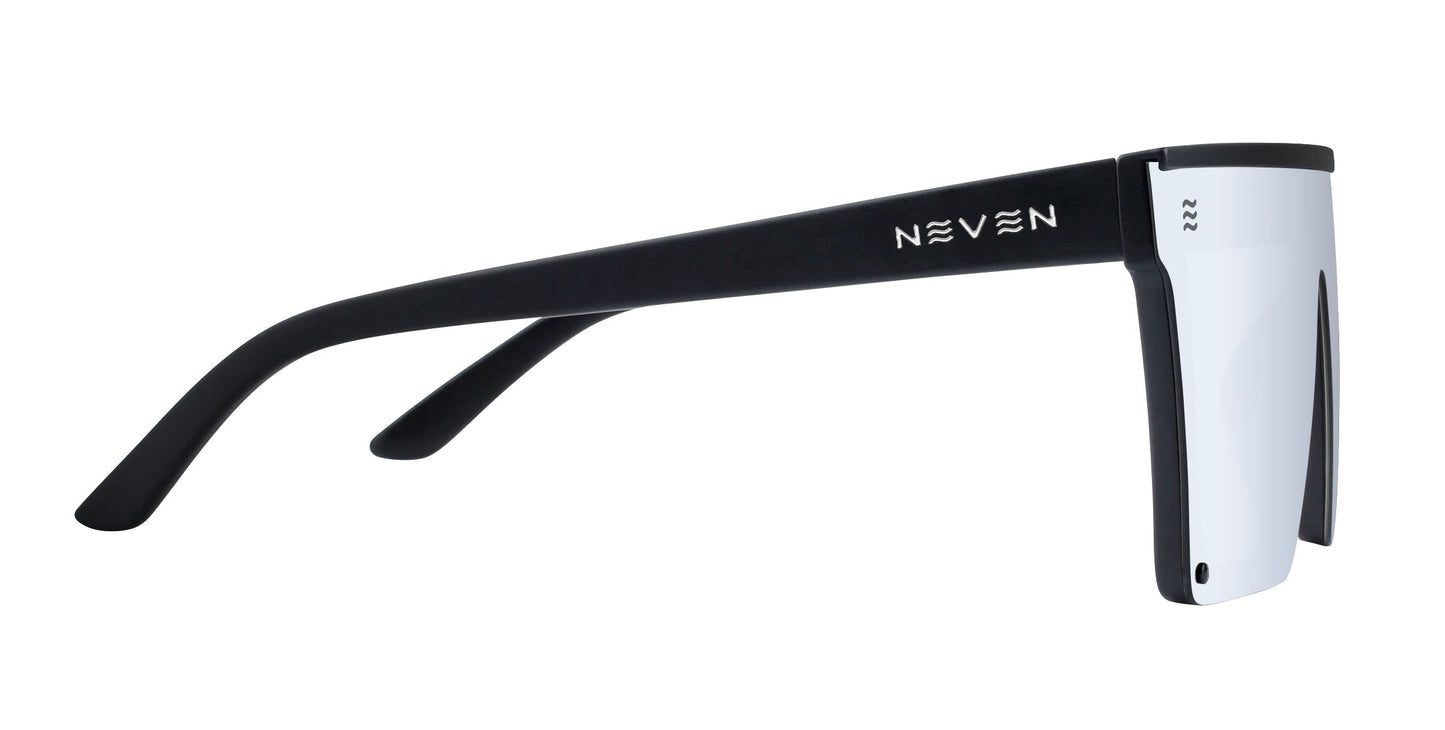 Neven Eyewear's Cr sunglasses feature a sleek, modern, shield-shaped design with a thick matte black frame and wide mirrored lenses. Polarized UV400 protection and the white NEVEN logo complete the minimalist, bold look.