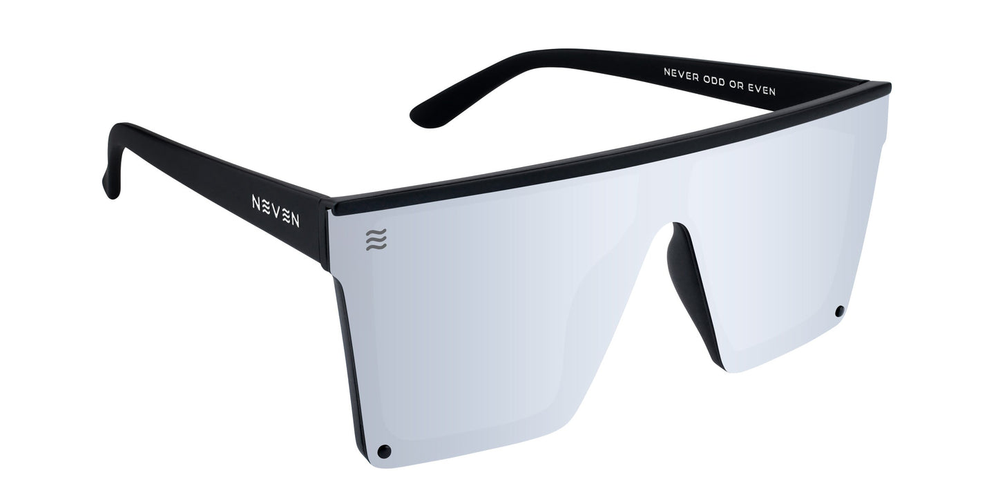The Neven Eyewear Cr sunglasses feature a modern shield design with a single mirrored lens and black frame. "NEVEN" is on the left temple, "NEVER ODD OR EVEN" on the lens, and polarized UV400 protection ensures style and safety.