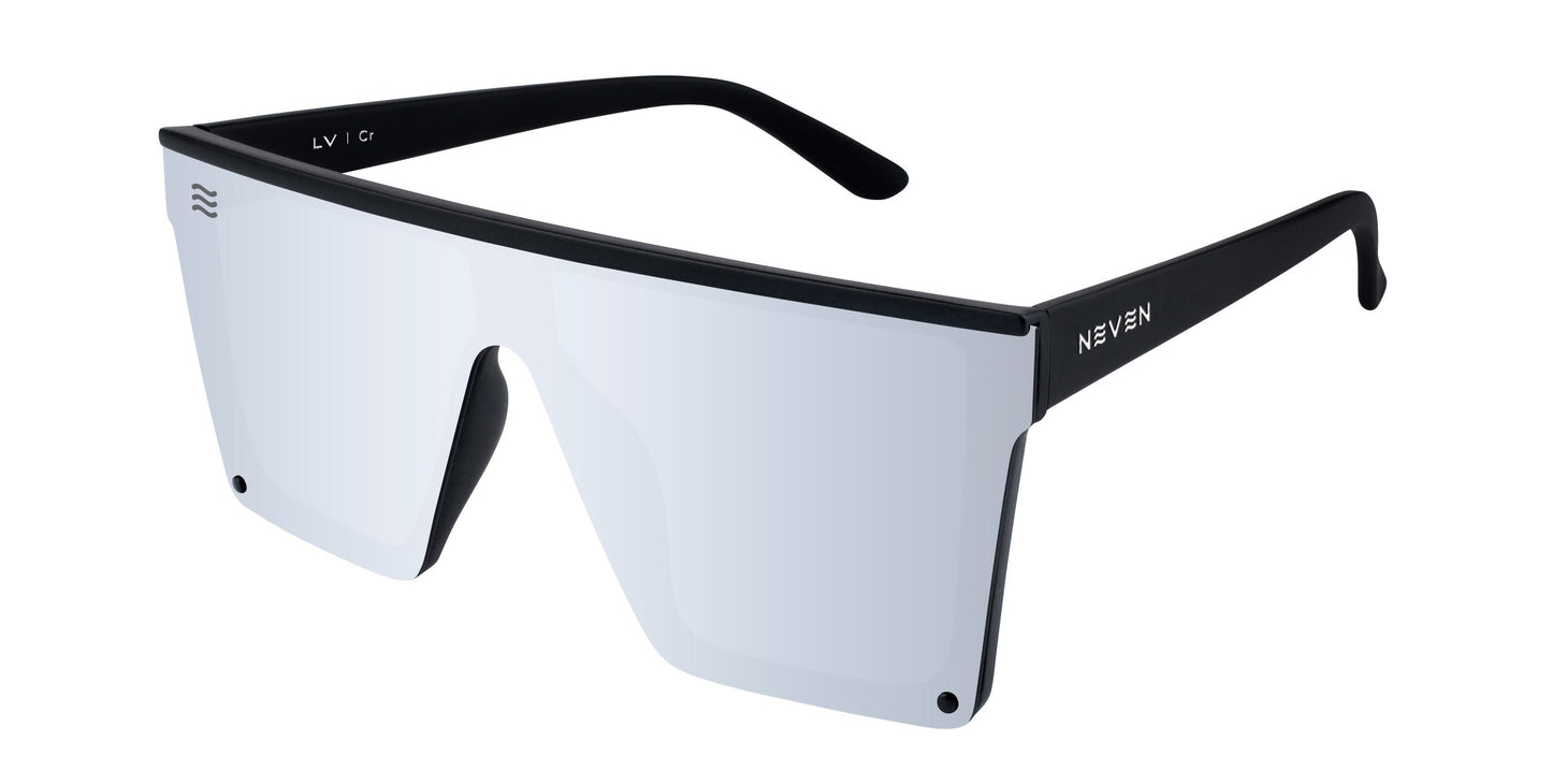 Cr by Neven Eyewear: Futuristic chromium sunglasses with a black angular frame, shield-shaped mirrored lens, and minimal design. Features NEVEN branding and offers polarized UV400 protection.