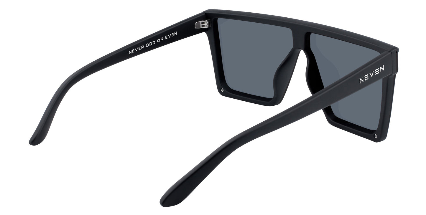 A pair of black, rectangular Cr sunglasses by Neven Eyewear with thick, angular frames. NEVEN is in white on the right temple and NEVER ODD OR EVEN inside the left. Polarized UV400 lenses offer superior eye protection.