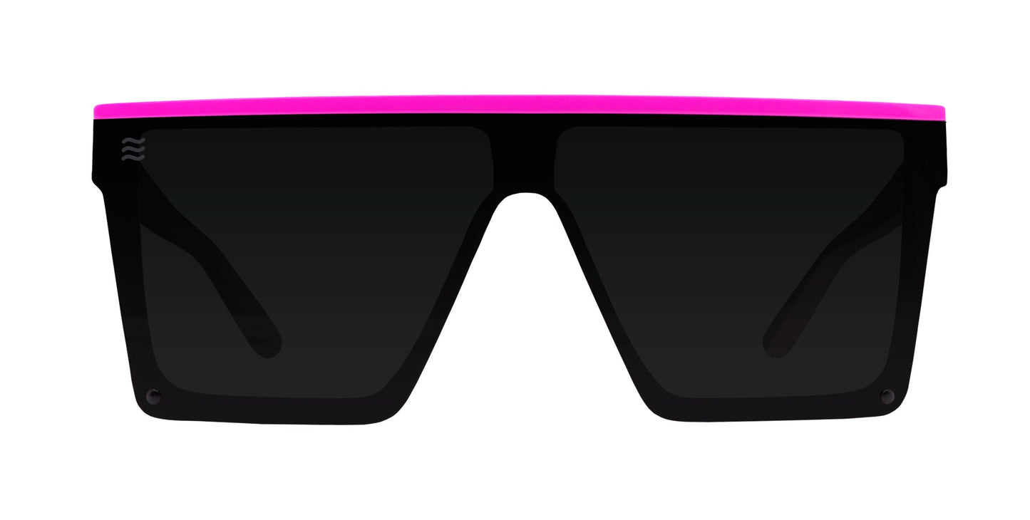 Neven Eyewear's Never Enough sunglasses feature a large, rectangular black boat frame with dark polarized UV400 lenses and a flat top highlighted by a bold pink strip. Shown on a plain white background.