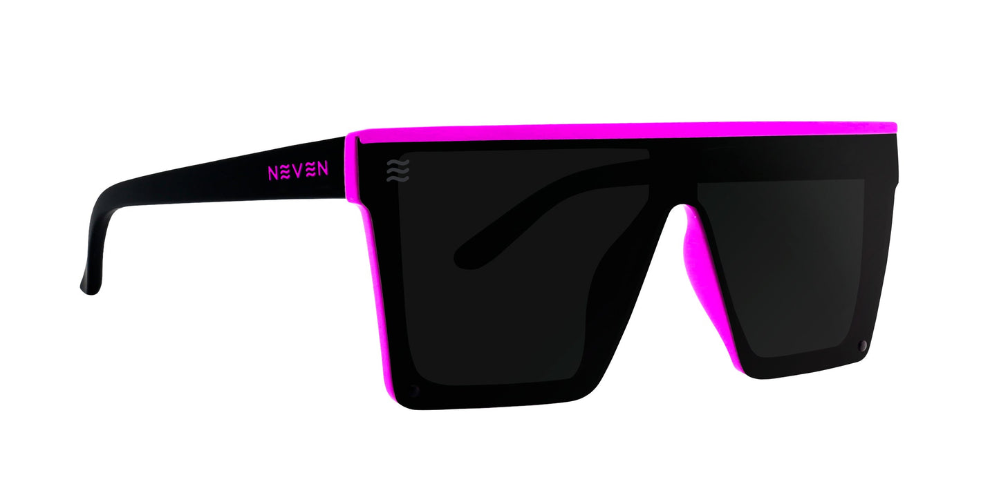 Never Enough by Neven Eyewear: oversized, rectangular polarized sunglasses with thick black frames and lenses, neon pink top and inner edges, UV400 protection, and “NEVEN” in white on the left arm.