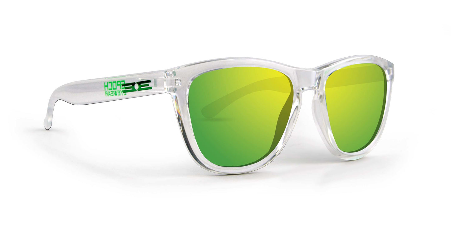 Epoch Eyewear VIBE sunglasses feature clear plastic frames with bright green reflective lenses. The left arm displays green and black text and graphics. These luxury sunglasses are shown at a slight angle on a white background.