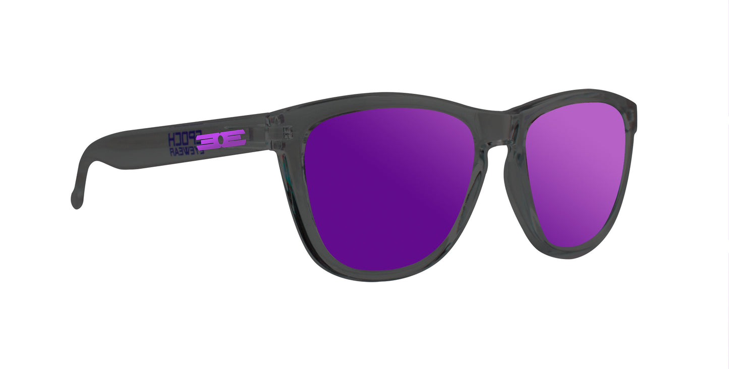 Epoch Eyewear’s VIBE sunglasses feature a translucent dark gray frame, reflective purple lenses, and “HOPE” in a pink and purple gradient on the temples, offering luxury style that pops against the plain white background.