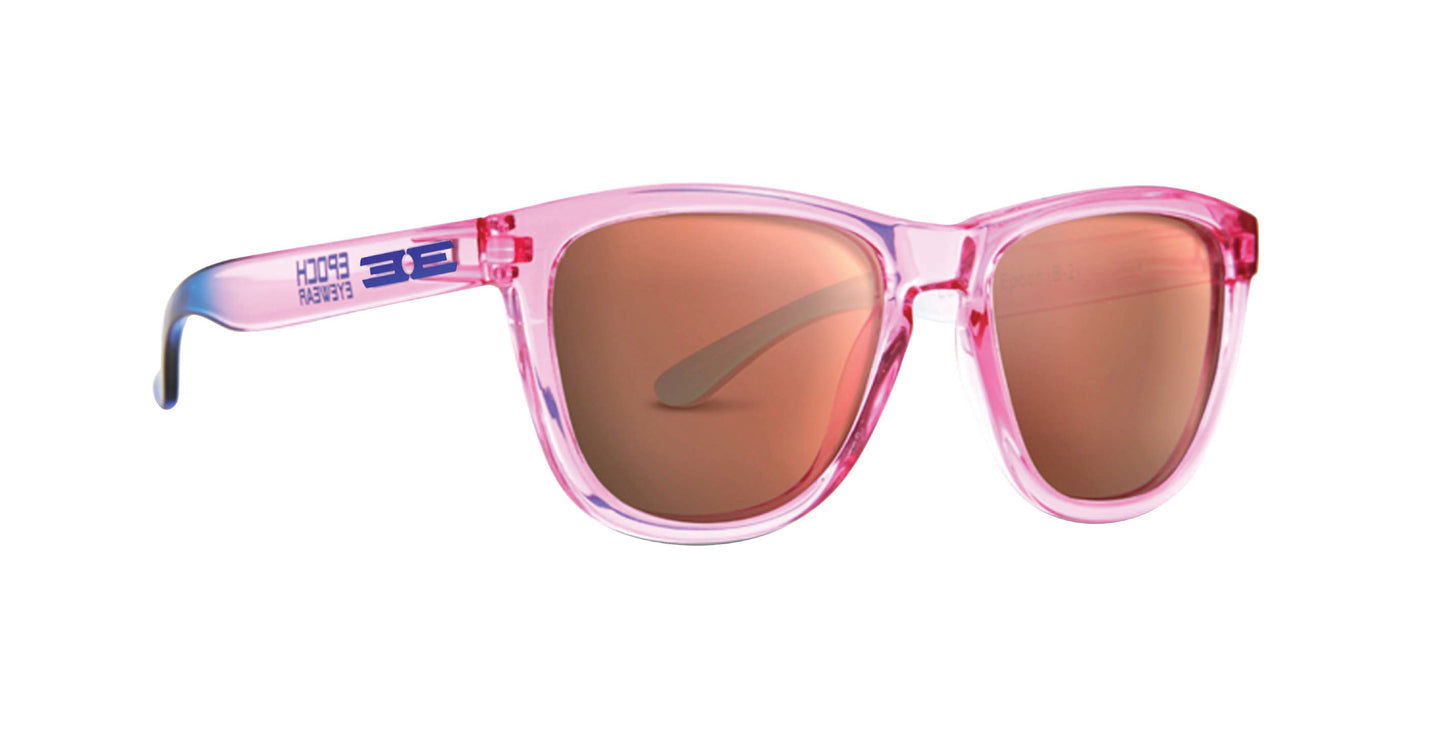 Epoch Eyewear’s VIBE sunglasses feature translucent pink wayfarer frames, brown-tinted lenses, blue branding, and a logo on the left arm, displayed against a plain white background.