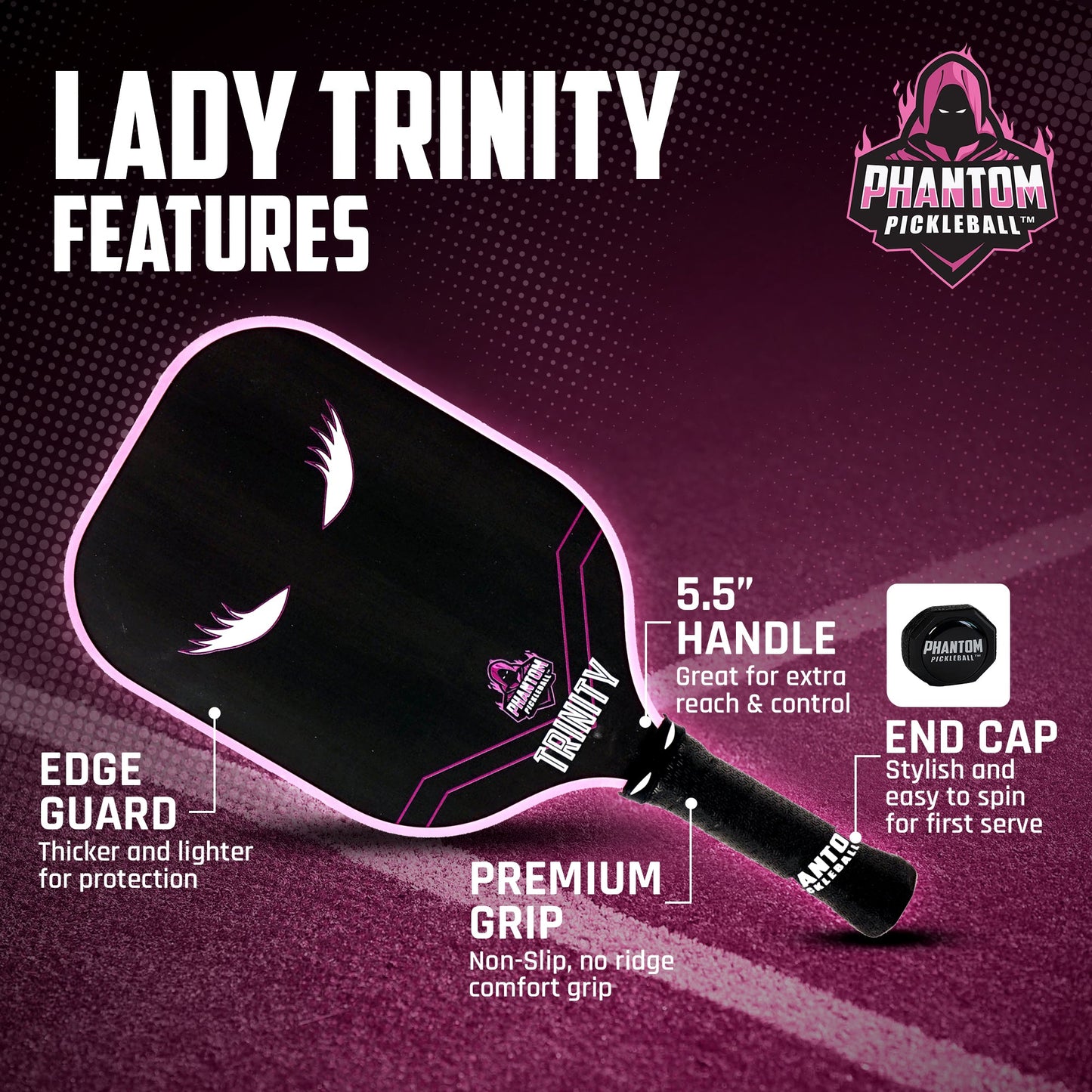 The Phantom LADY TRINITY 14MM T700 Raw Carbon Fiber Thermoformed Pro Paddle from Phantom Pickleball features stylized white eyes, edge guard, non-slip grip, 5.5" control handle, and a stylish end cap on a magenta textured background.