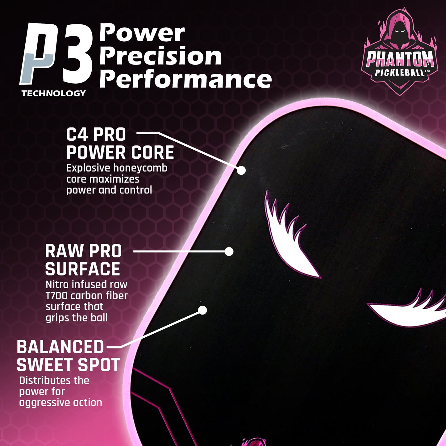 A close-up of the Phantom Pickleball LADY TRINITY 14MM T700 Raw Carbon Fiber Paddle highlights C4 Pro Power Core, raw carbon surface, and Balanced Sweet Spot. The black paddle with pink details and stylized eyes features bold white and pink text.