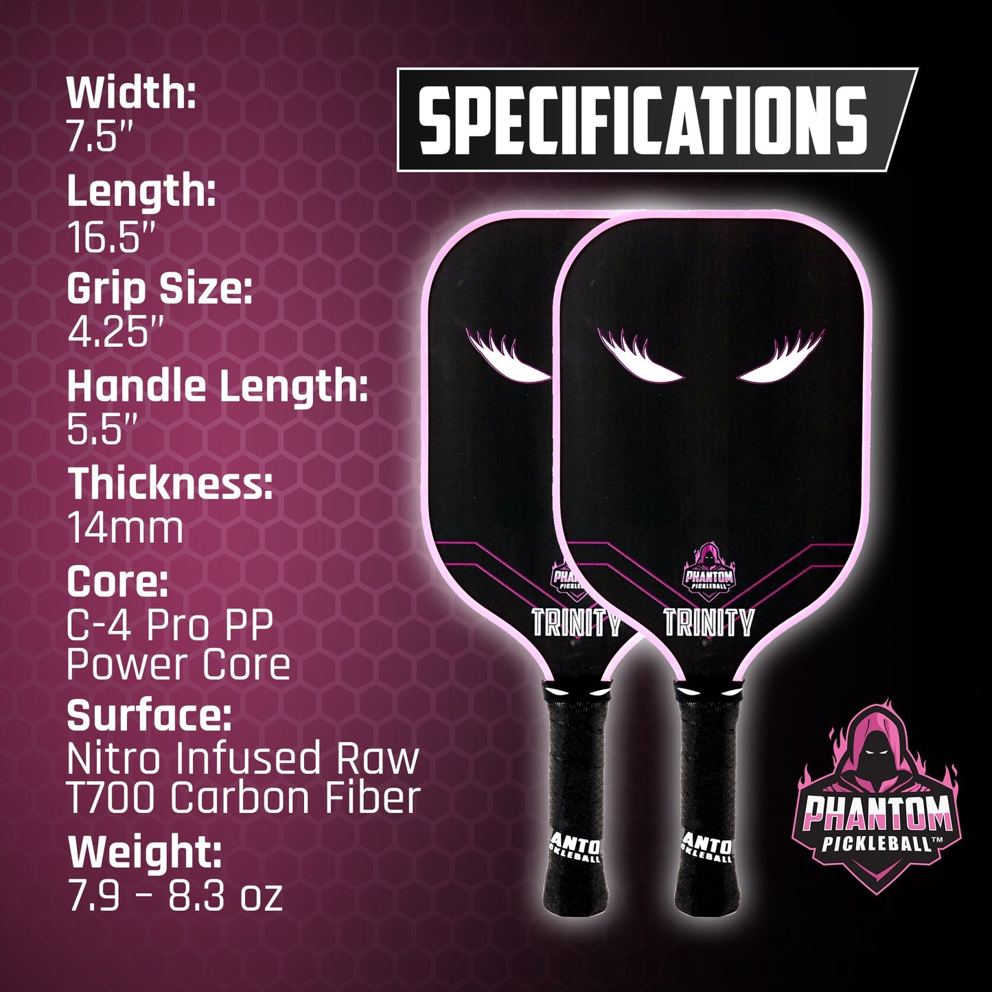 Two black Phantom LADY TRINITY 14MM T700 Raw Carbon Fiber Thermoformed Pro Pickleball Paddles by Phantom Pickleball, featuring a pink and white stylized mask, specs listed on the left, and a bold Specifications header with honeycomb pattern on the right.