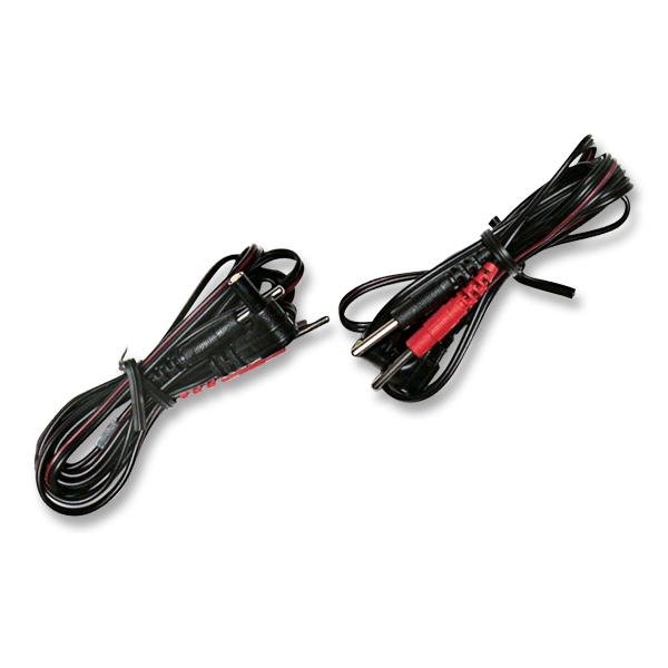 Two coiled iReliev Extra Long TENS Lead Wires with black and red connectors are secured with twist ties on a plain white background. Color-coded for easy identification, they are ideal for ET-8080 devices.