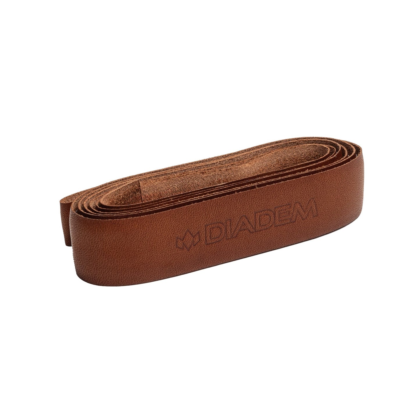 A coiled brown Diadem Leather Replacement Grip by Diadem Sports, featuring DIADEM and its logo embossed on the smooth leather surface with neat edges and even texture, is displayed against a plain white background.