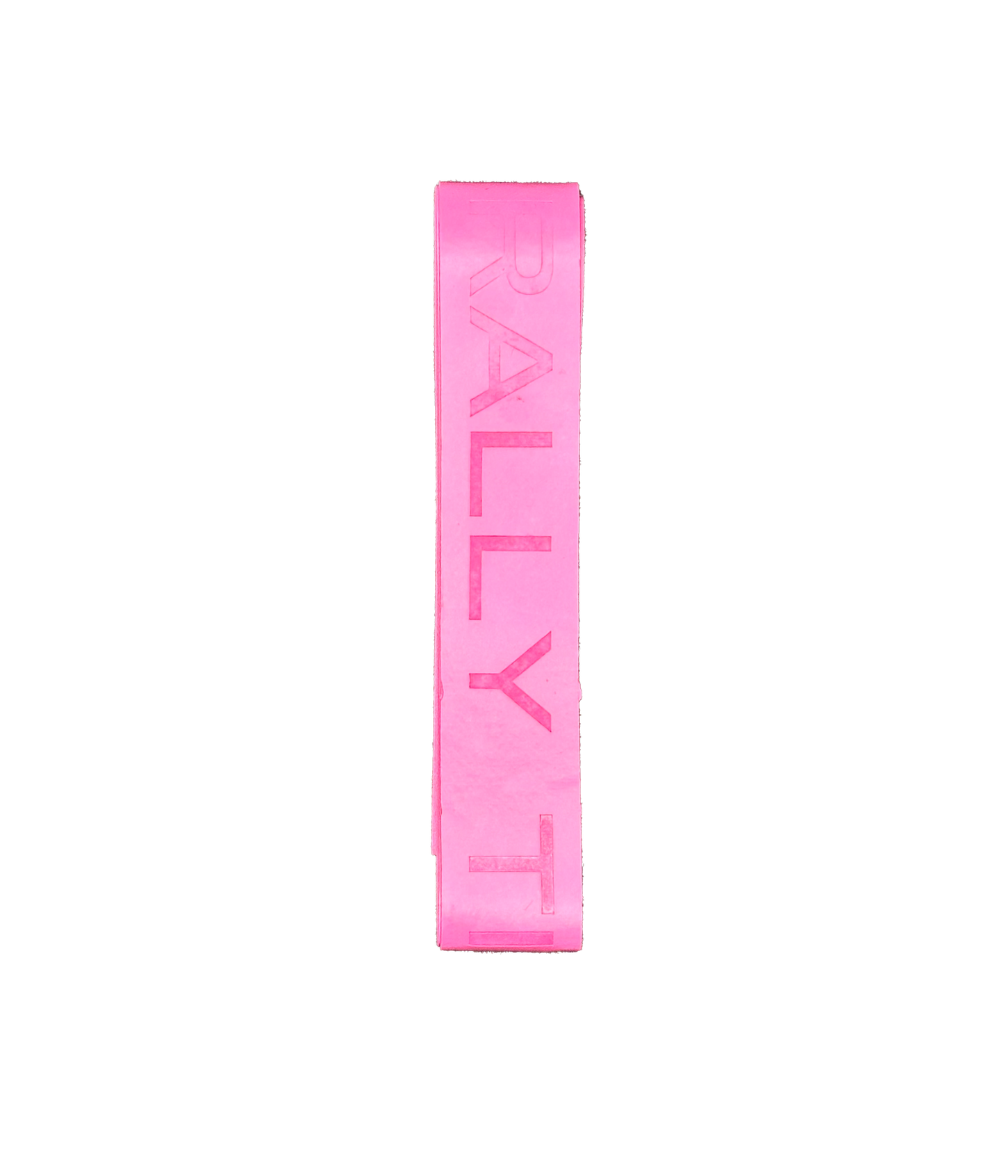A bright pink rectangular Over Grip by Rally Titan Pickleball, designed for shock absorption, features bold embossed “RALLY T” letters vertically. The strip is centered on a plain white background, with text running top to bottom.