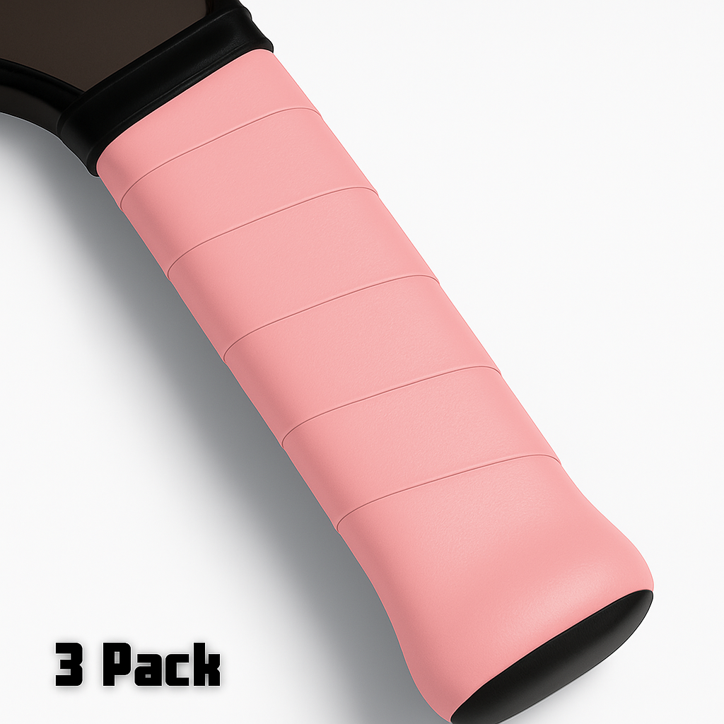 Close-up of Edgy Pickleball Hybrid Overgrip - 3 Pack in pink, showing its ultra tacky textured ridges for superior grip and comfort. "3 Pack" is boldly displayed in black on the white background’s bottom left corner.