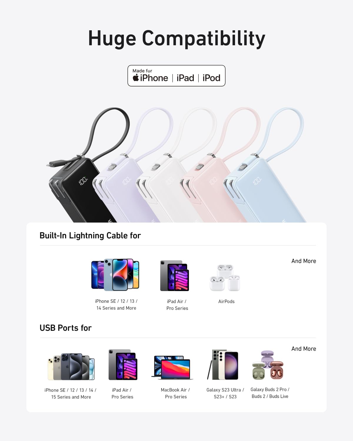 A lineup of five Anker Power Bank (10K, Fusion, Built-In Cable) models in black, white, purple, pink, and blue with straps. Icons show 30W fast charging for iPhone, iPad, AirPods, Samsung Galaxy devices & MacBook Air.