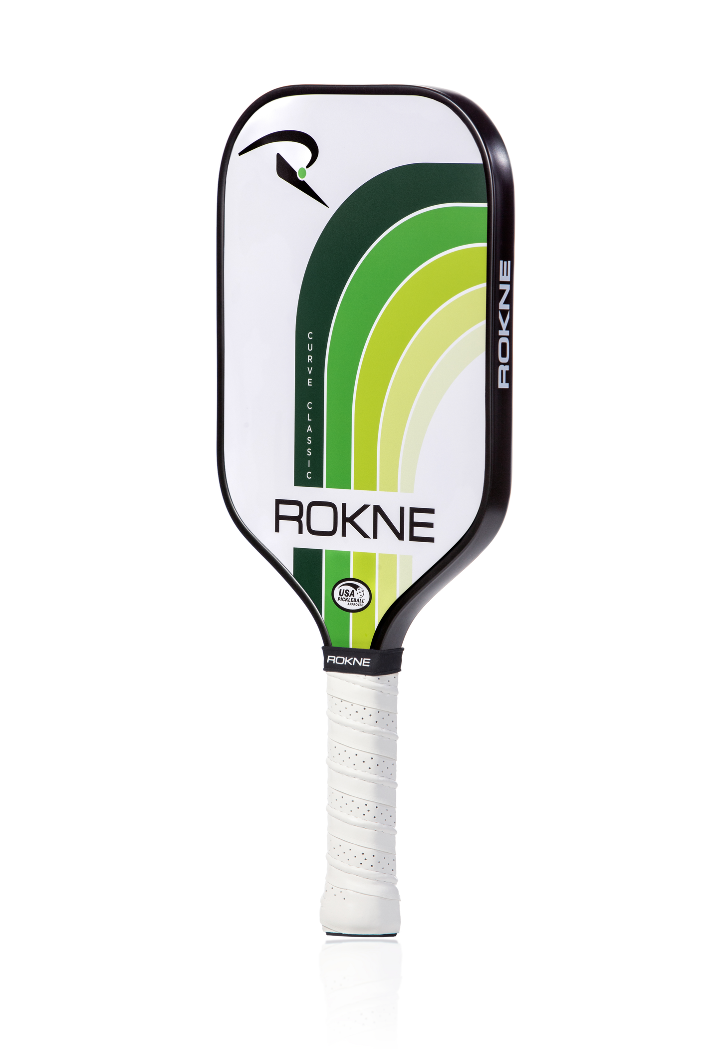 The ROKNE CURVE CLASSIC ORIGINAL pickleball paddle features a white face with green and yellow curved stripes, a black border, PROGrit texture, the ROKNE logo on the face, and a white grip handle. It is shown standing upright against a white background.