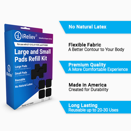 The iReliev Wired Large & Small Refill Kit box in blue and white is shown. Features—blue highlighted—include no natural latex, flexible fabric, premium quality, made in America, and long lasting for up to 20-30 uses.