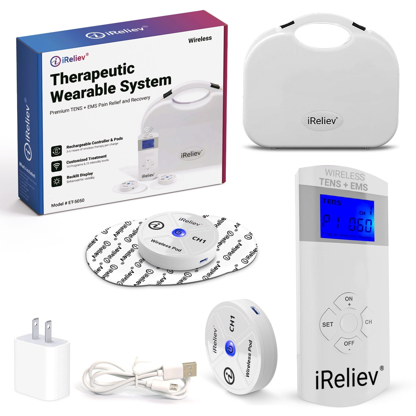 The iReliev Therapeutic Wearable System is shown, including a handheld controller with display, two round electrodes, charging cable, wall adapter, electrode pads, carrying case, and product box with descriptive text.