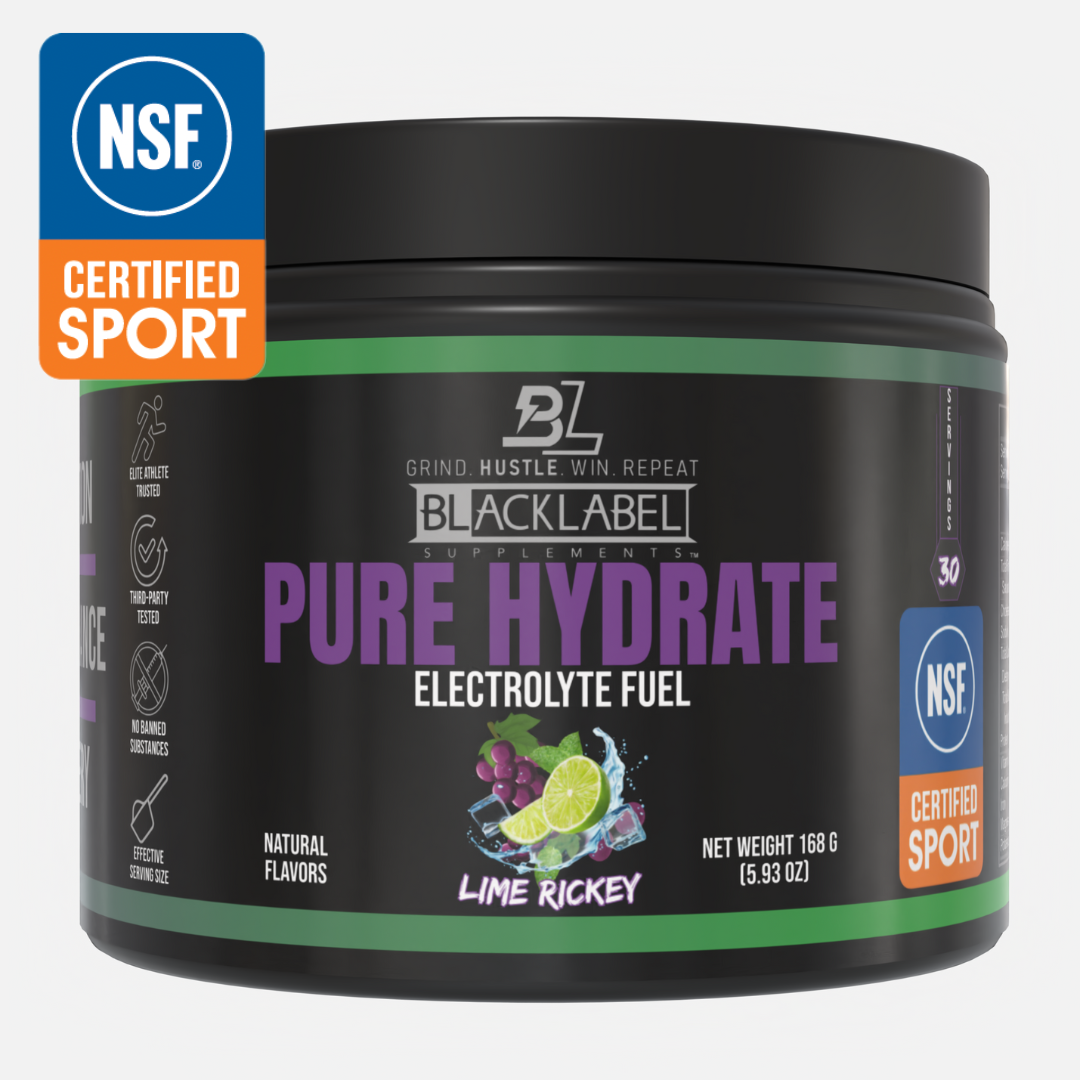 A black container labeled PURE HYDRATE by BLACKLABEL Supplements, a sugar-free Lime Rickey sports drink with lime and grape images, NSF Certified Sport logo, essential electrolytes, natural flavors, and 168g (5.93 oz) net weight.