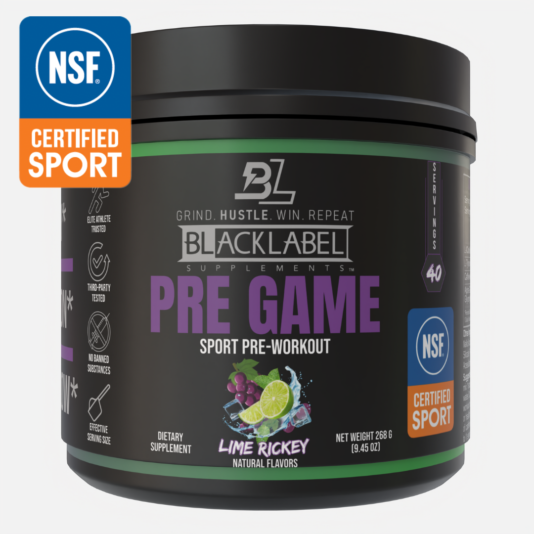 A black tub of BLACKLABEL Supplements PRE GAME pre-workout in Lime Rickey flavor is shown. The label highlights 40 servings, NSF Certified Sport, gluten-free, banned substance-free, and enhanced focus for improved workouts.